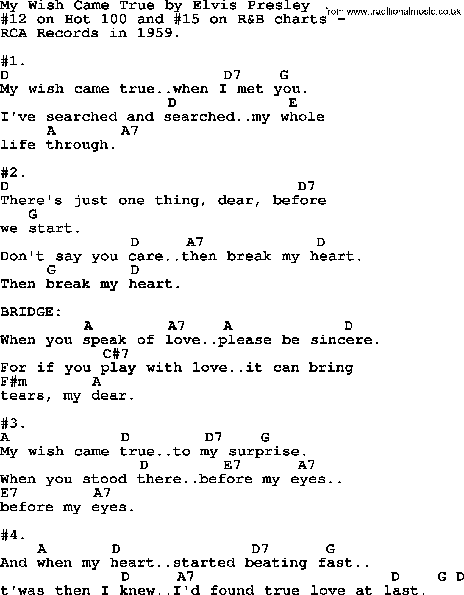 Elvis Presley song: My Wish Came True, lyrics and chords