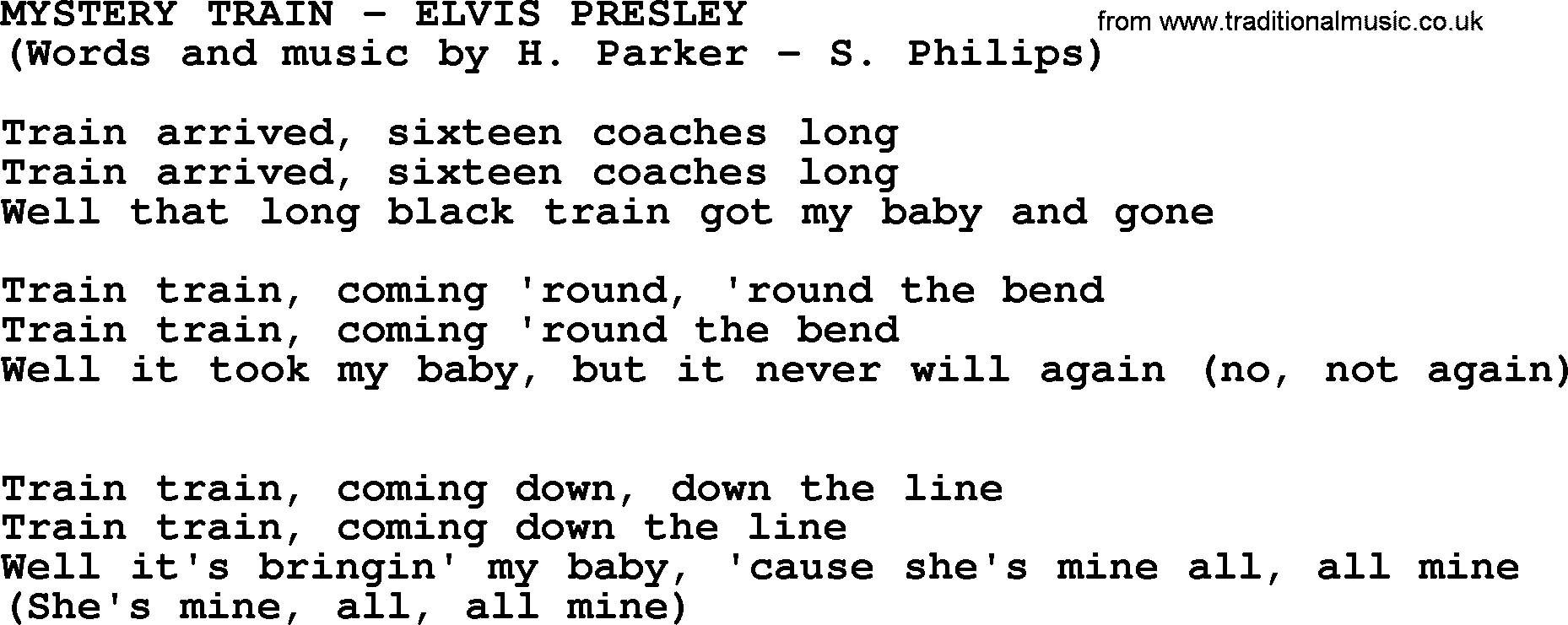 Elvis Presley song: Mystery Train lyrics