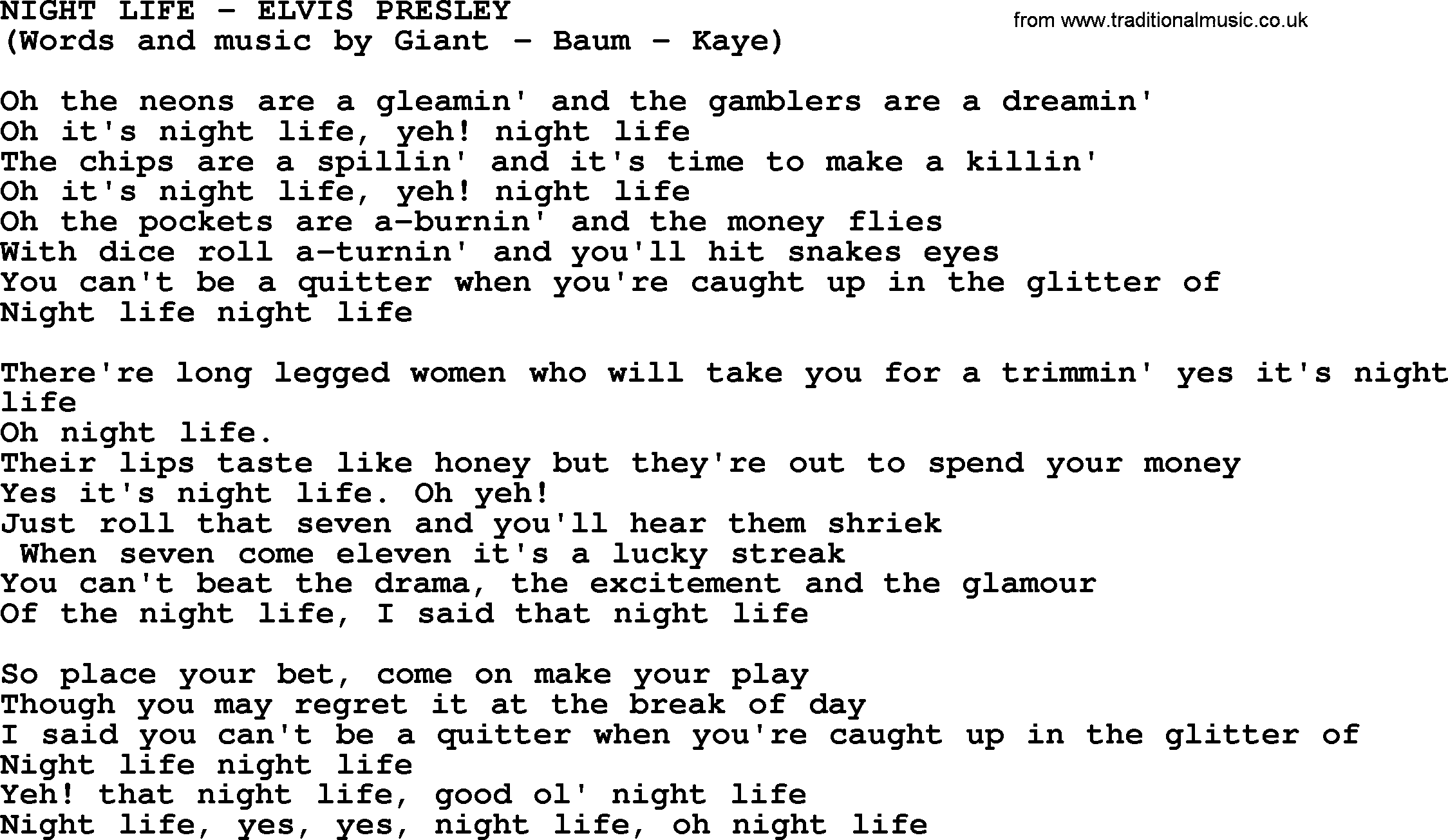 Elvis Presley song: Night Life lyrics
