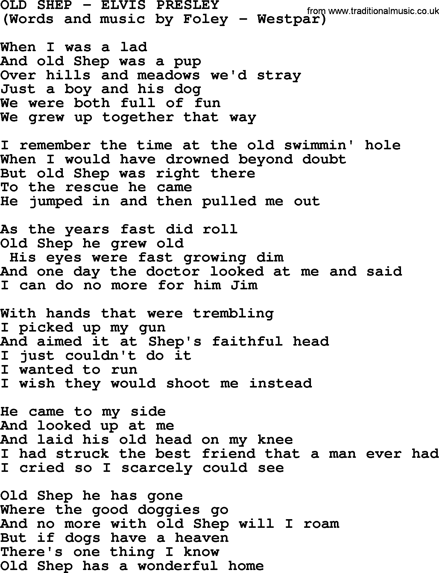Elvis Presley song: Old Shep lyrics