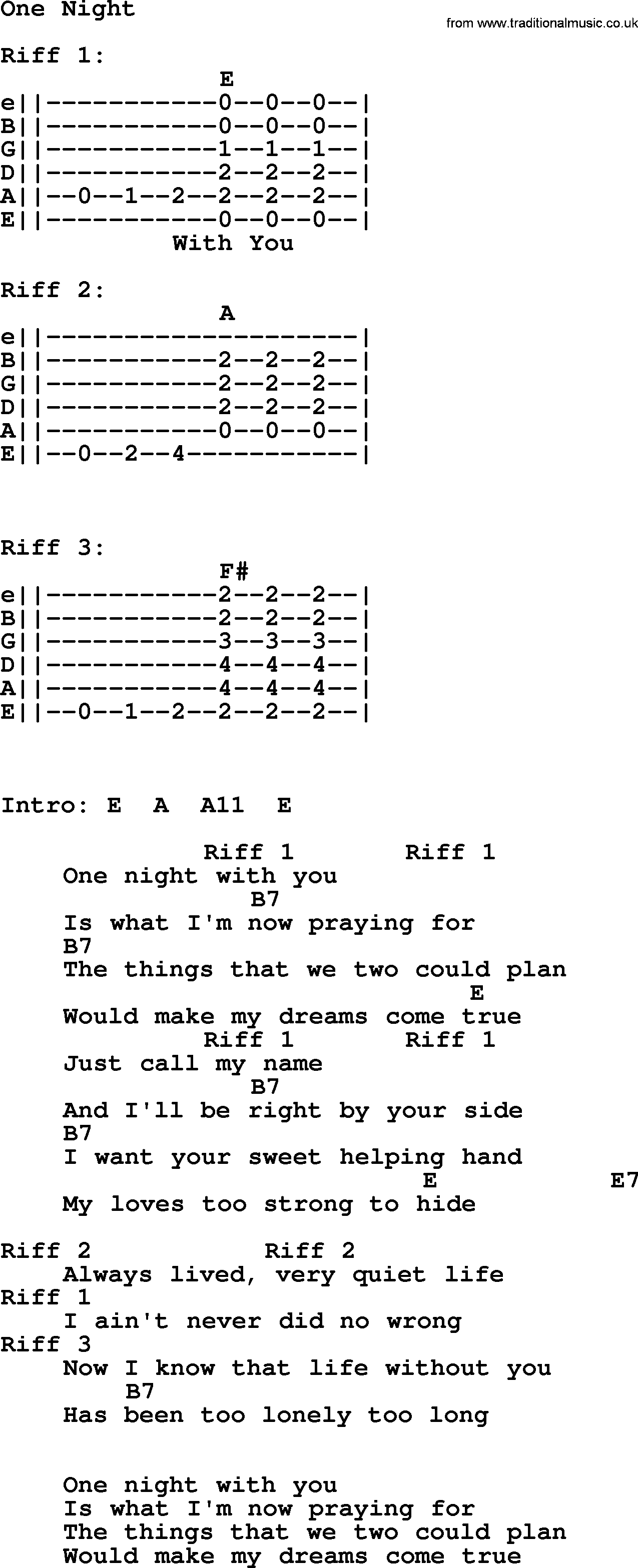 One Night, by Elvis Presley - lyrics and chords