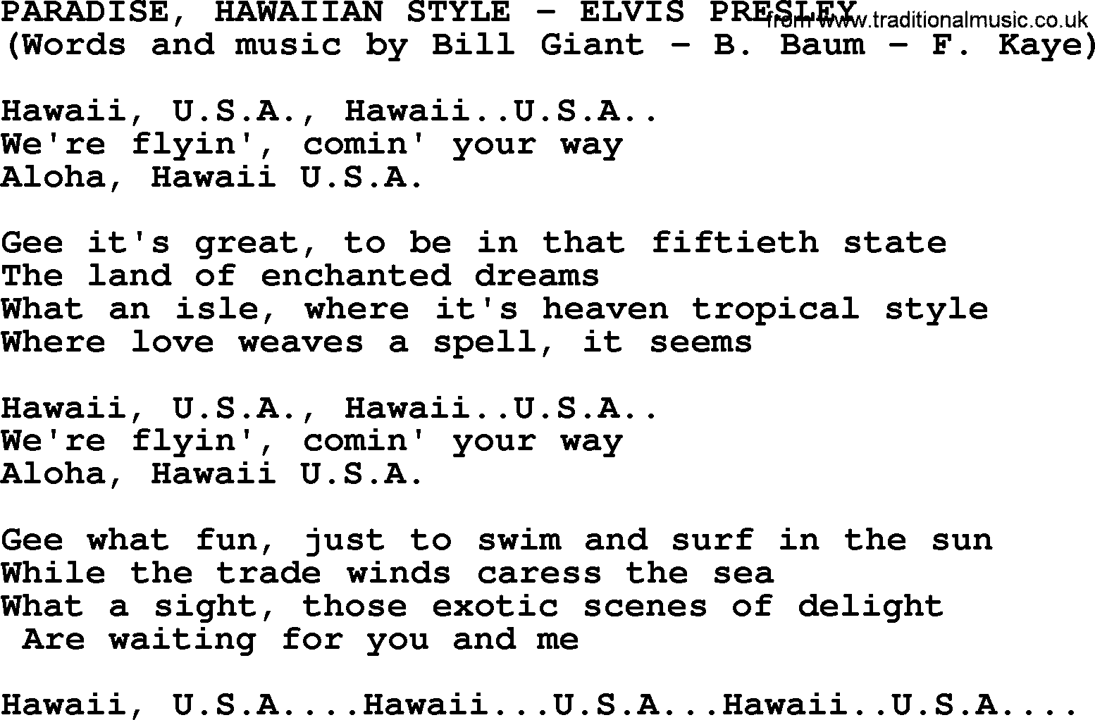 Elvis Presley song: Paradise, Hawaiian Style lyrics