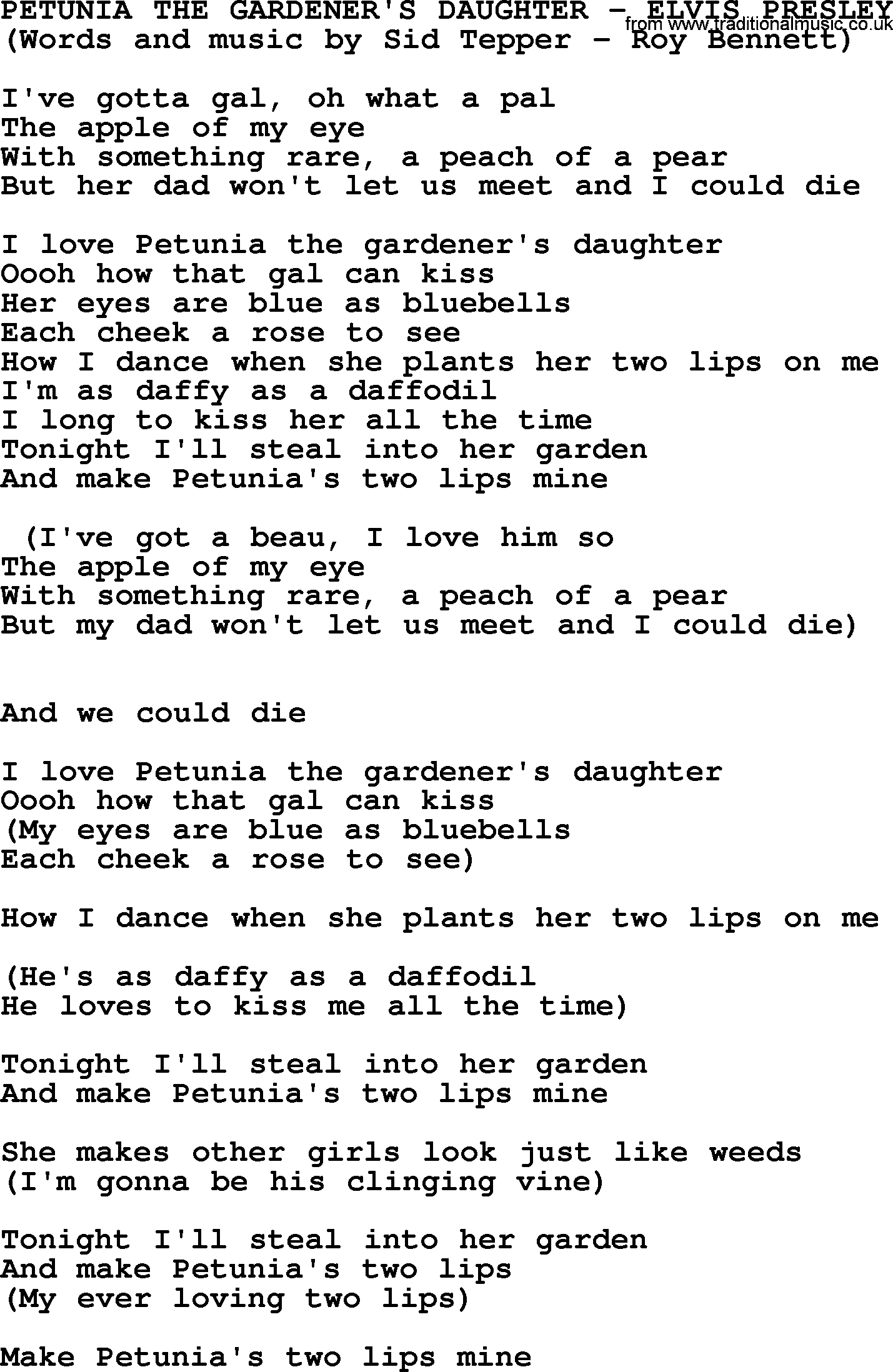 Elvis Presley song: Petunia The Gardener's Daughter lyrics