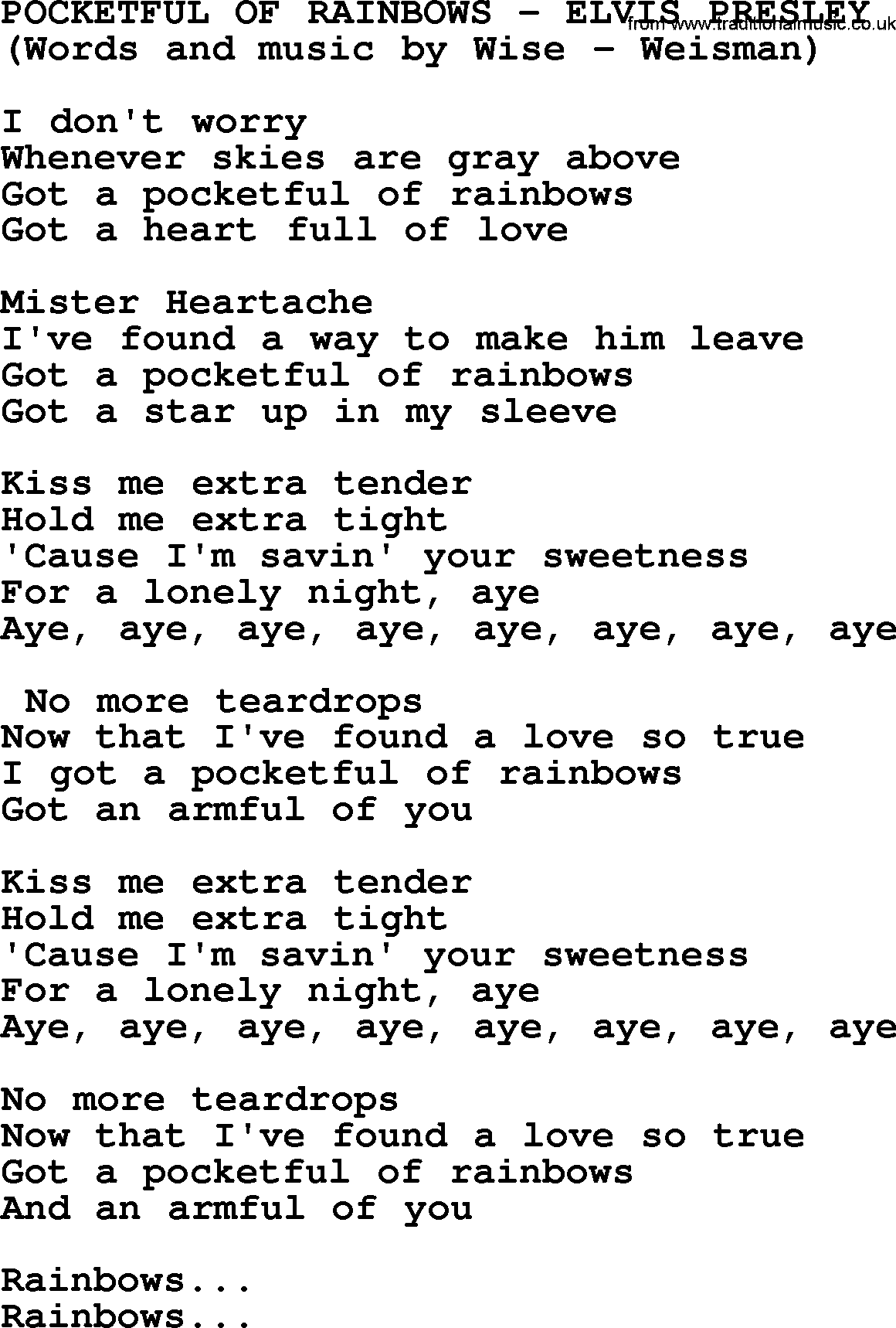 Elvis Presley song: Pocketful Of Rainbows lyrics