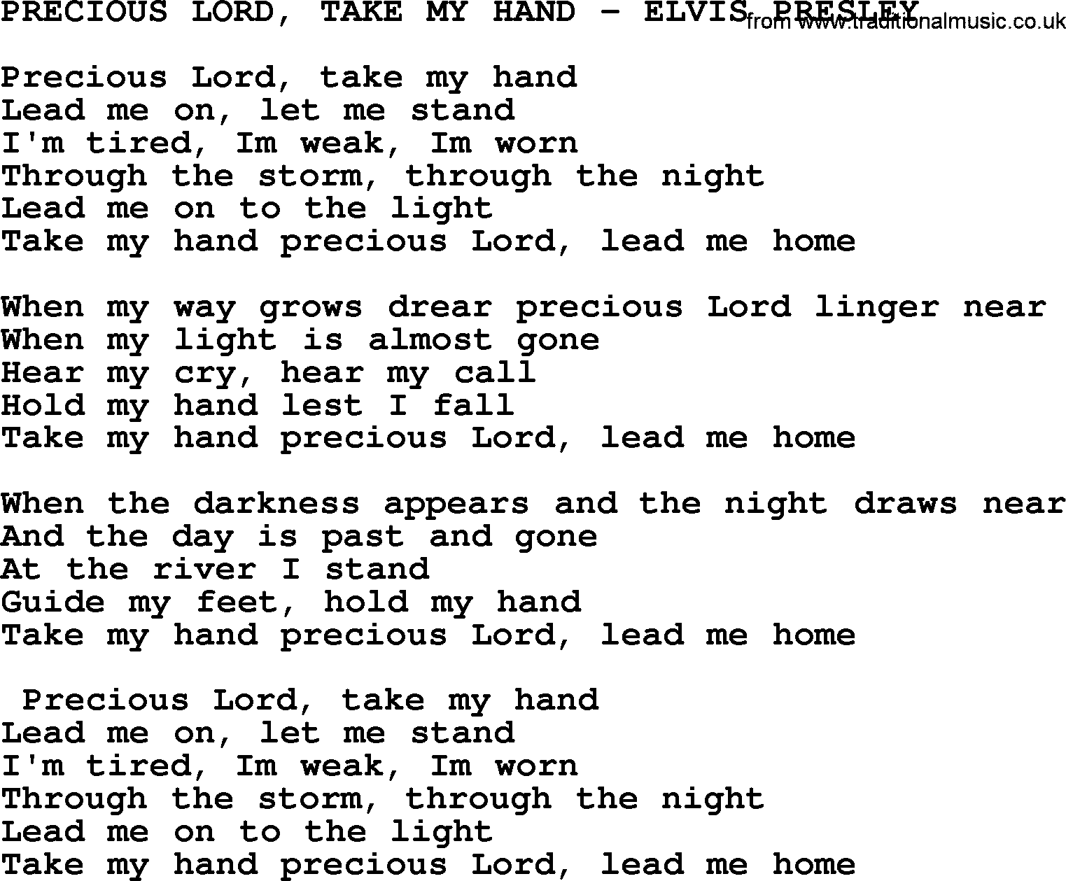 Elvis Presley song: Precious Lord, Take My Hand-Elvis Presley-.txt lyrics and chords