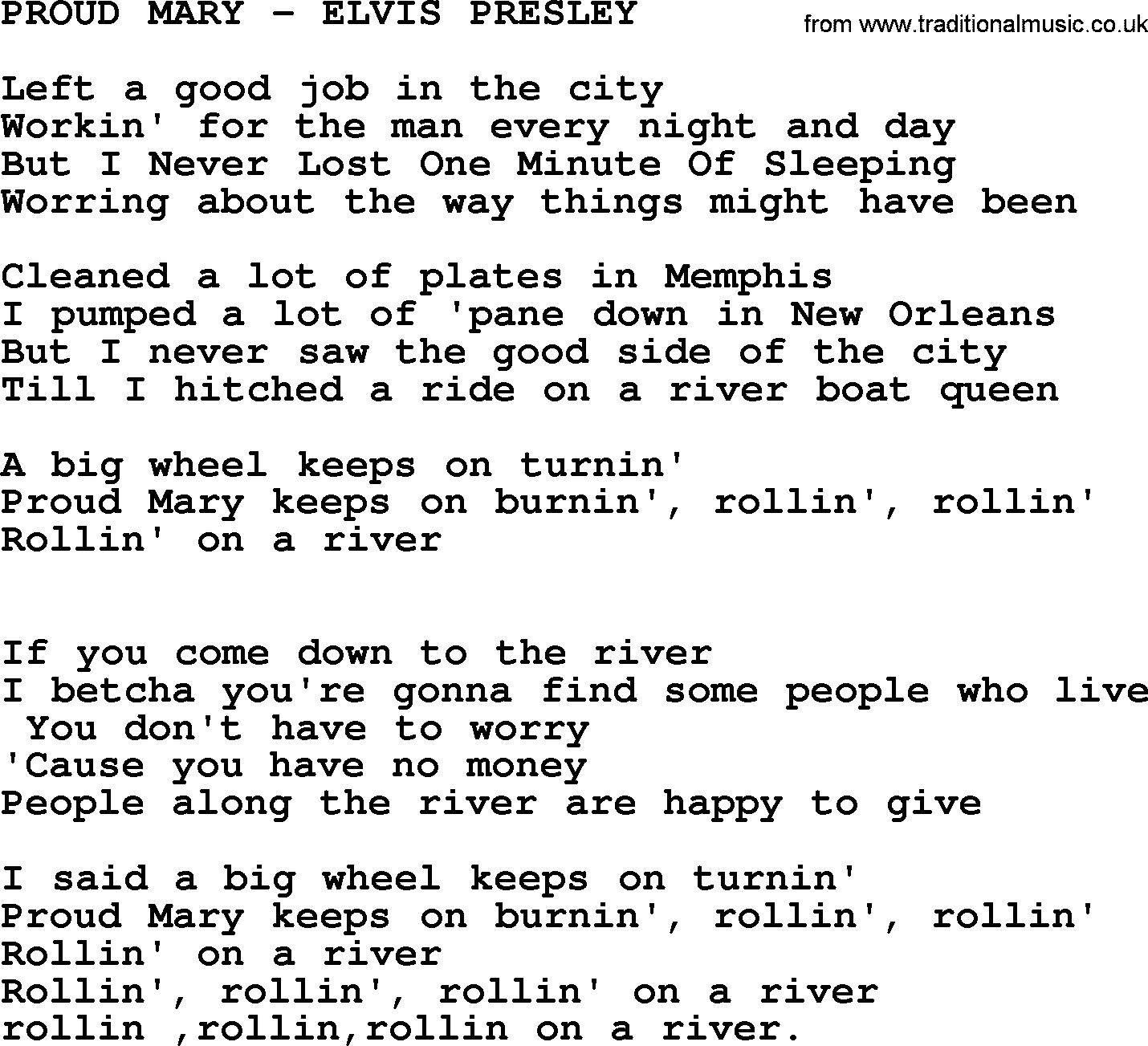 Elvis Presley song: Proud Mary-Elvis Presley-.txt lyrics and chords