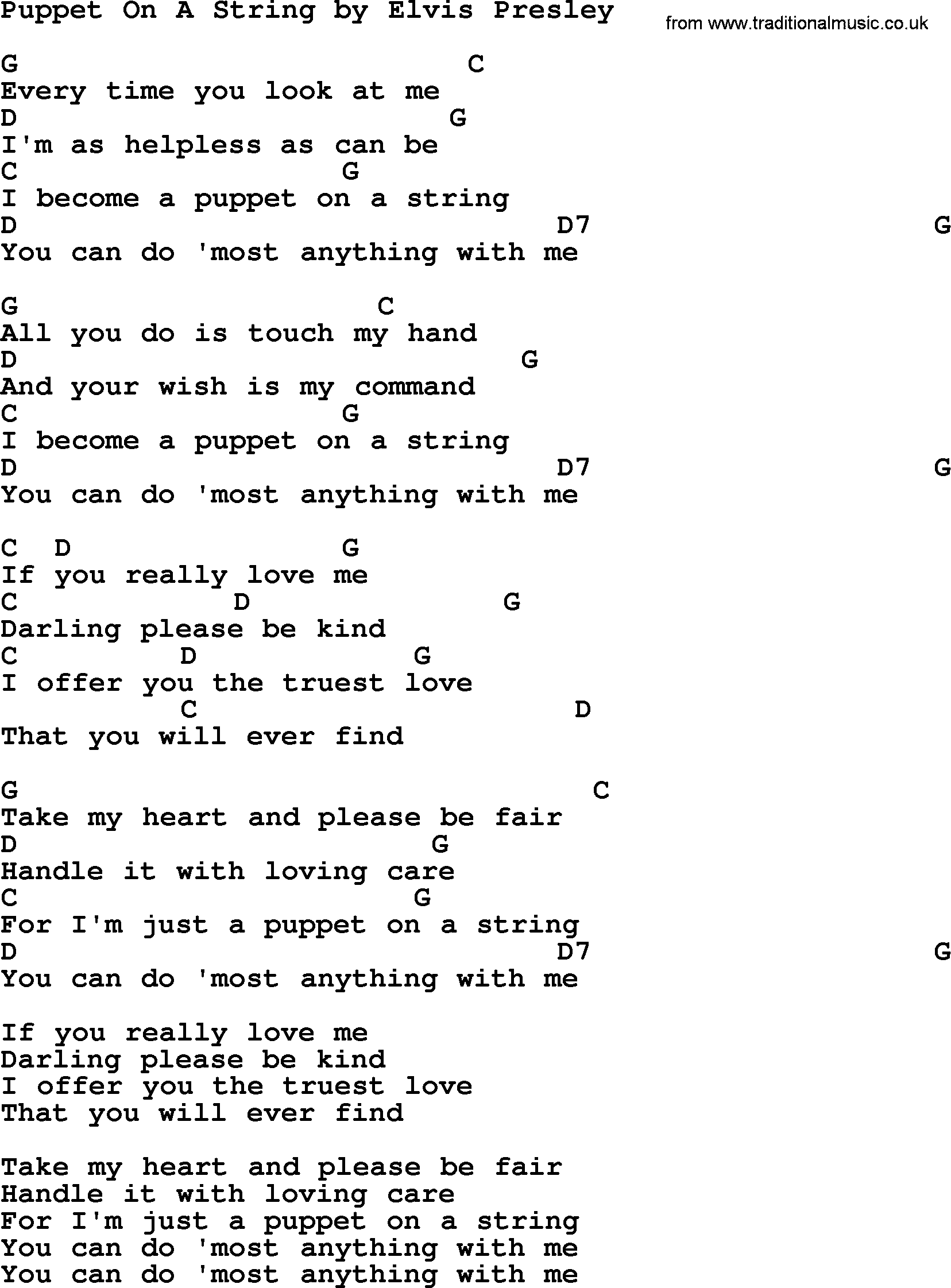 Elvis Presley song: Puppet On A String, lyrics and chords