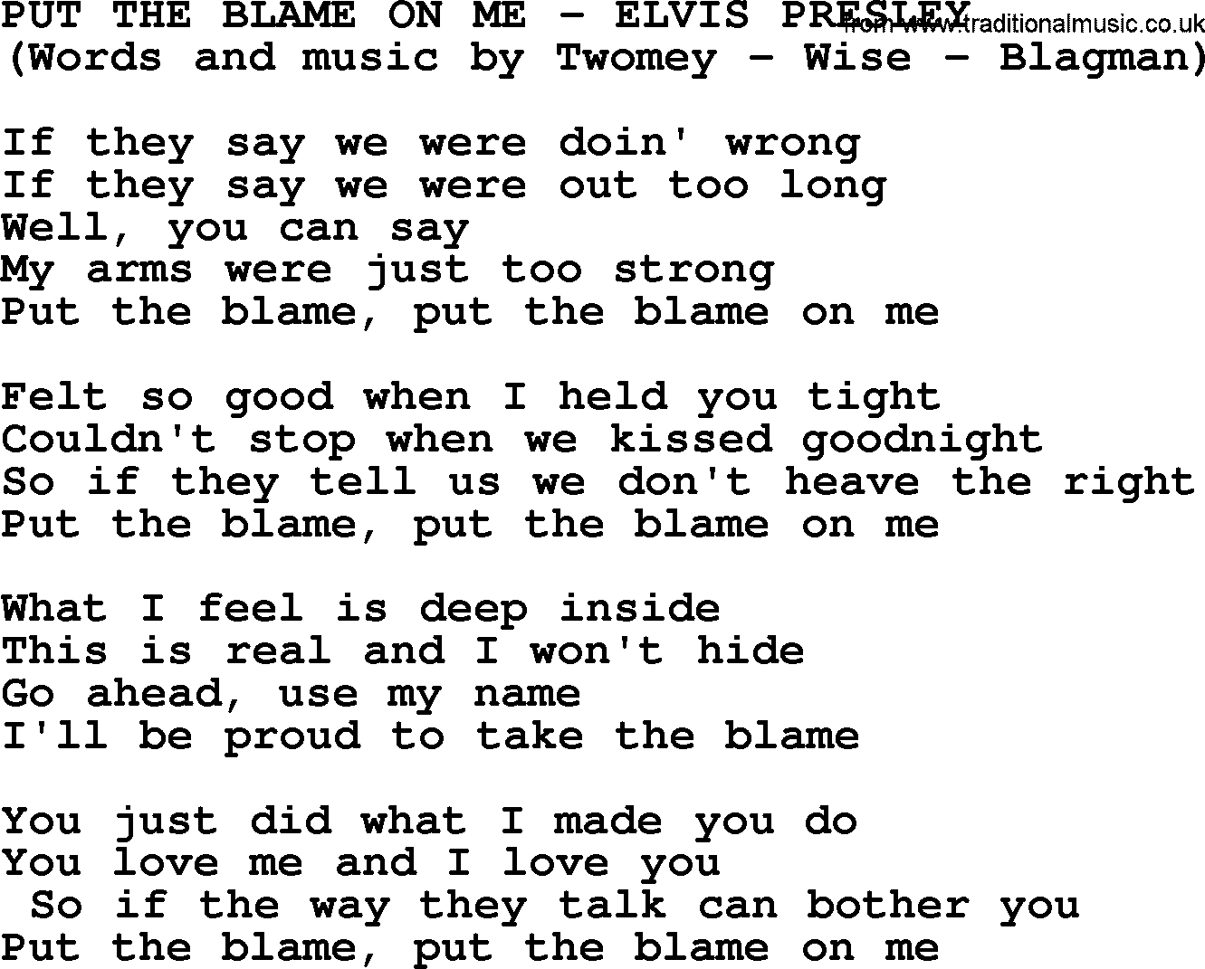Elvis Presley song: Put The Blame On Me lyrics