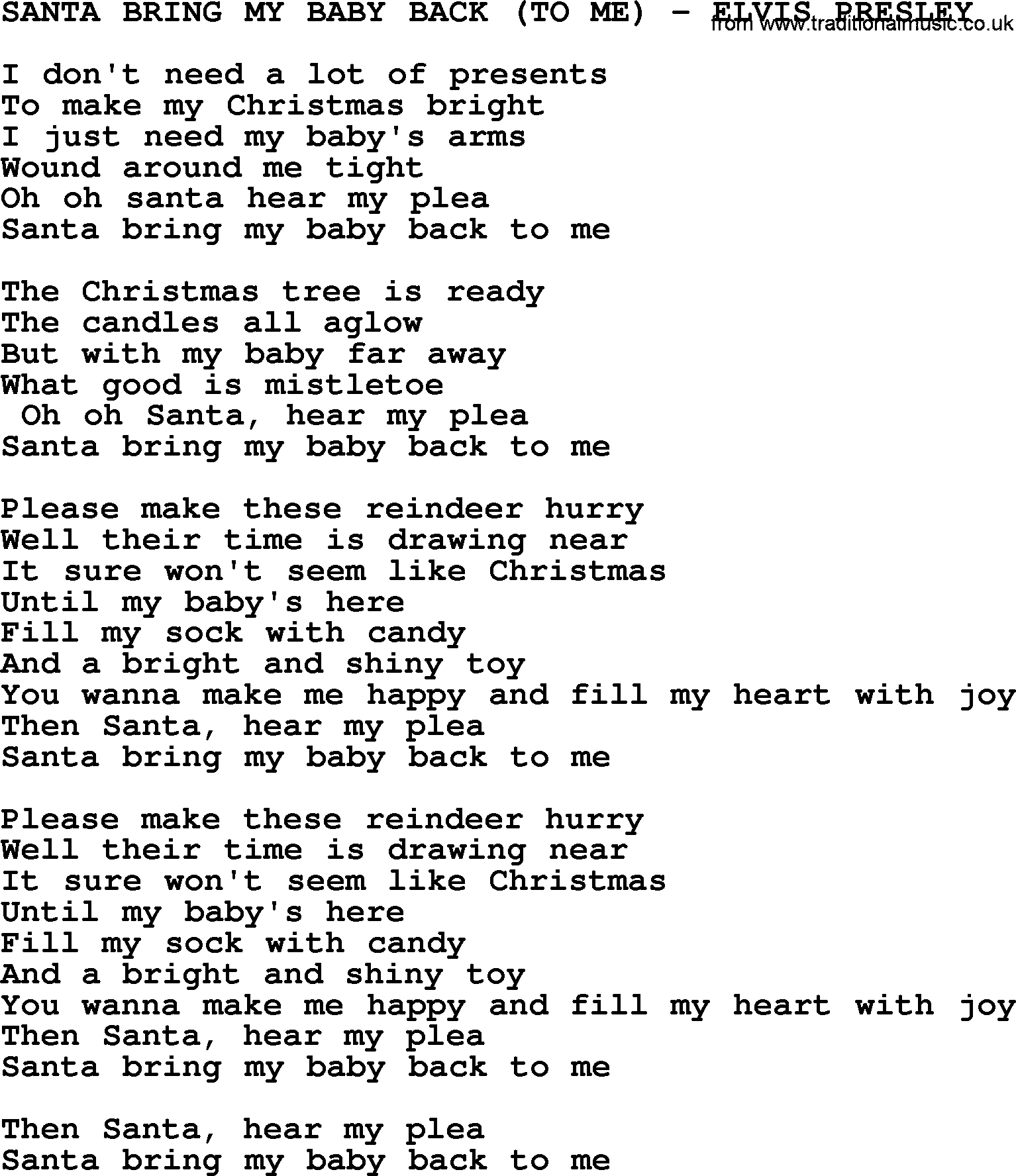 Elvis Presley song: Santa Bring My Baby Back (To Me)-Elvis Presley-.txt lyrics and chords