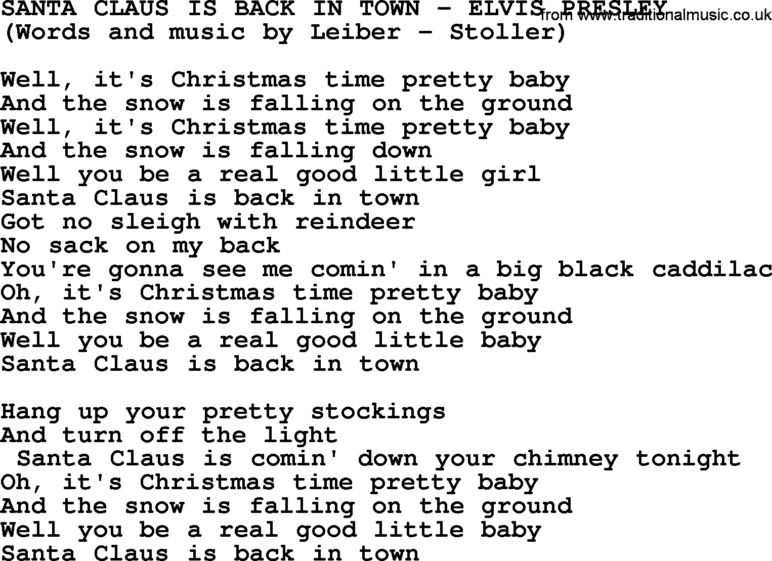 Elvis Presley song: Santa Claus Is Back In Town lyrics