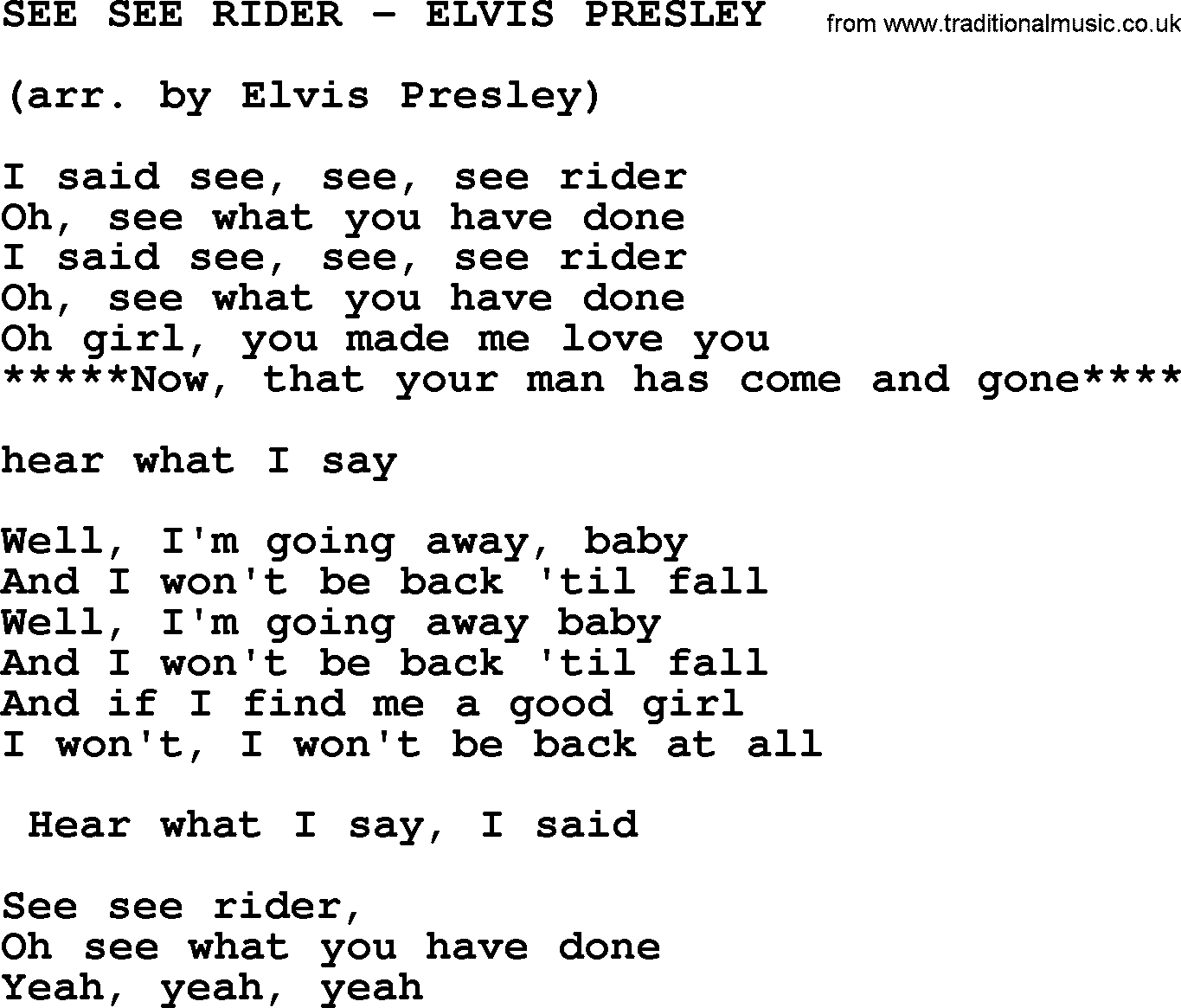 Elvis Presley song: See See Rider-Elvis Presley-.txt lyrics and chords