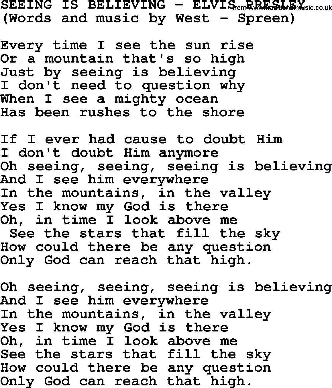 Elvis Presley song: Seeing Is Believing lyrics