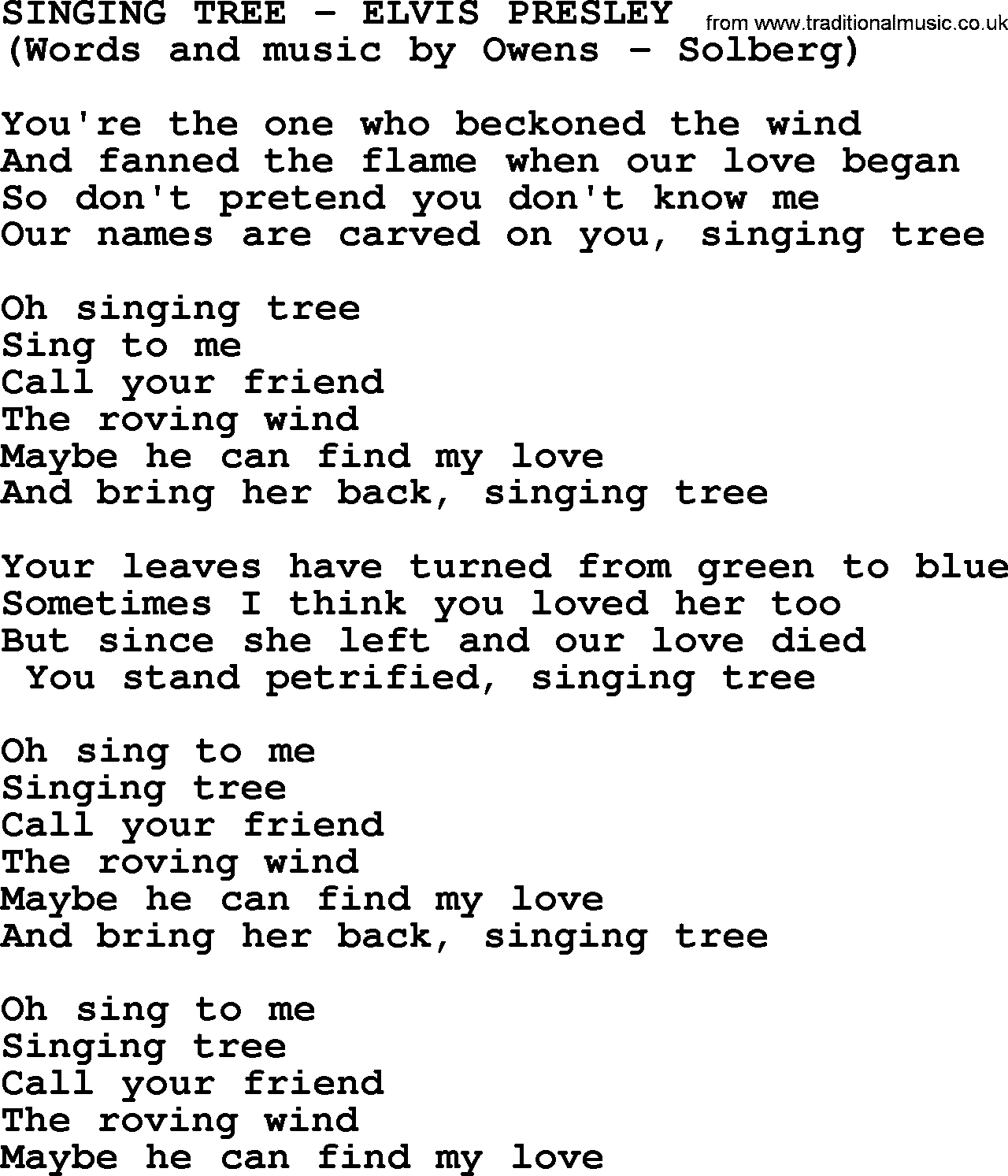 Elvis Presley song: Singing Tree lyrics