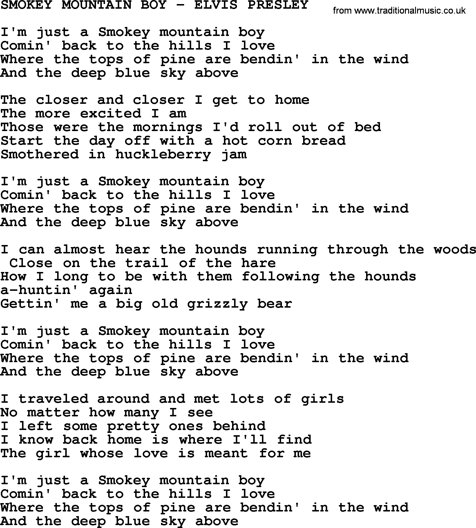Elvis Presley song: Smokey Mountain Boy-Elvis Presley-.txt lyrics and chords