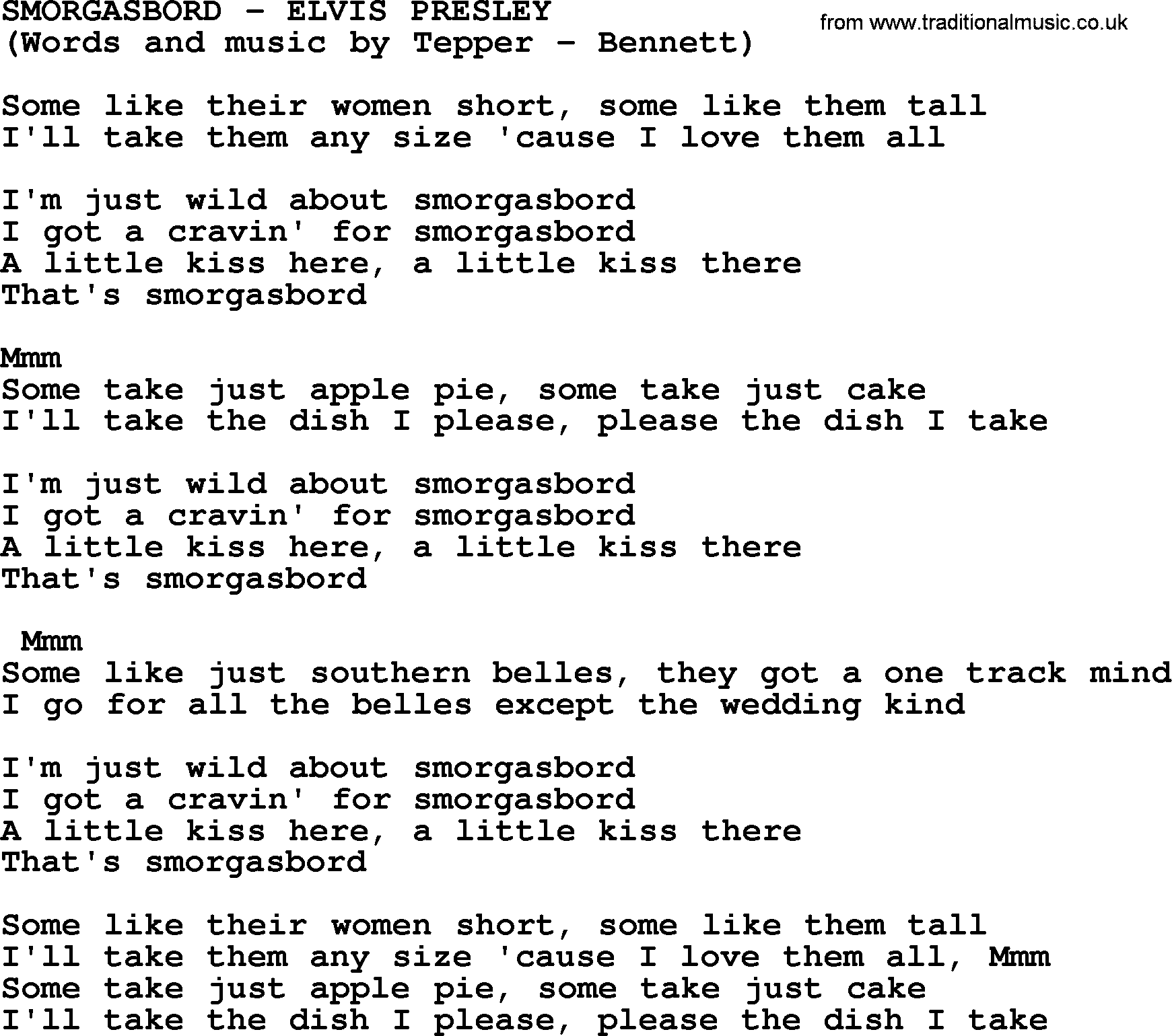 Elvis Presley song: Smorgasbord lyrics