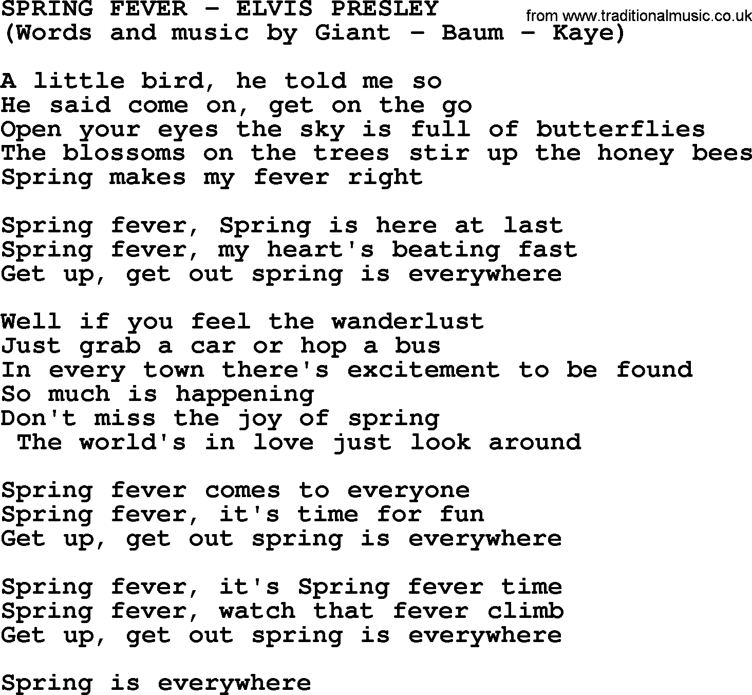 Elvis Presley song: Spring Fever lyrics