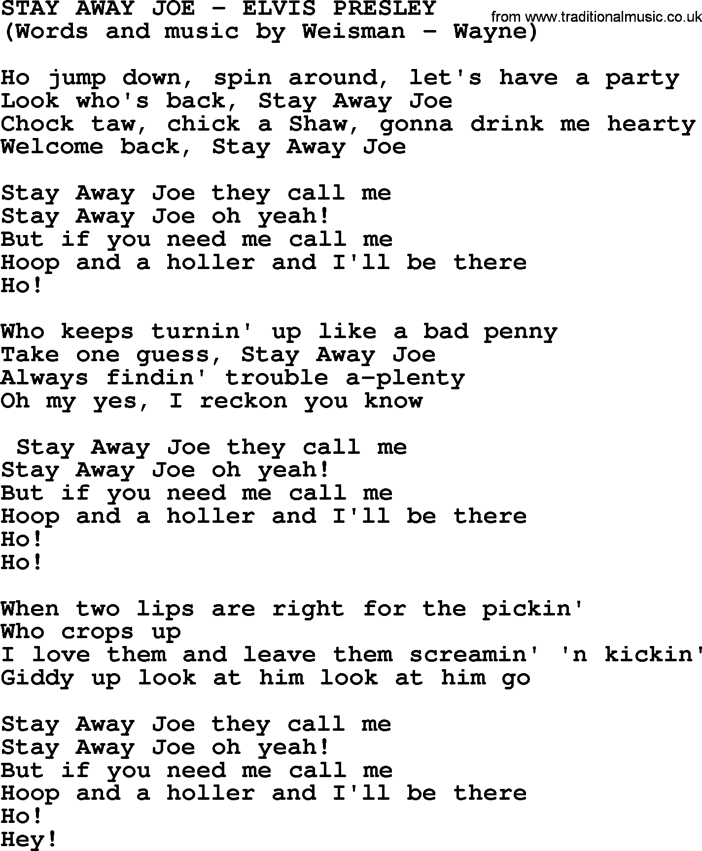 Elvis Presley song: Stay Away Joe lyrics