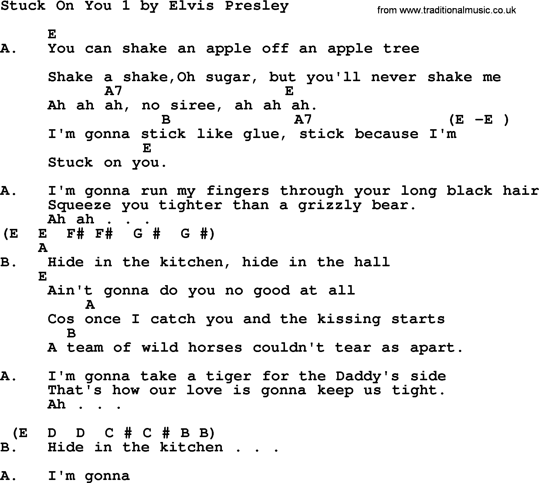 Elvis Presley song: Stuck On You 1, lyrics and chords