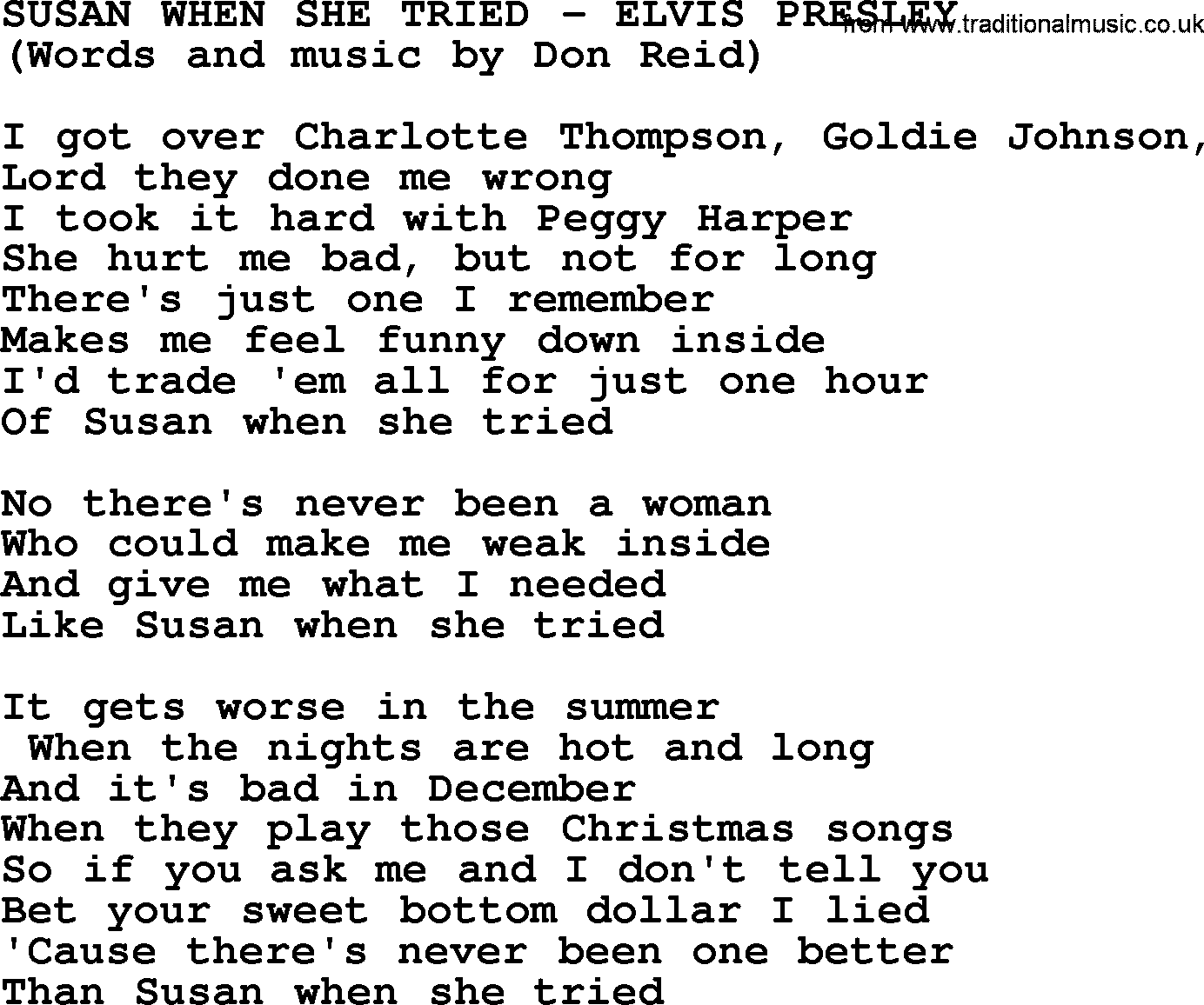 Elvis Presley song: Susan When She Tried lyrics