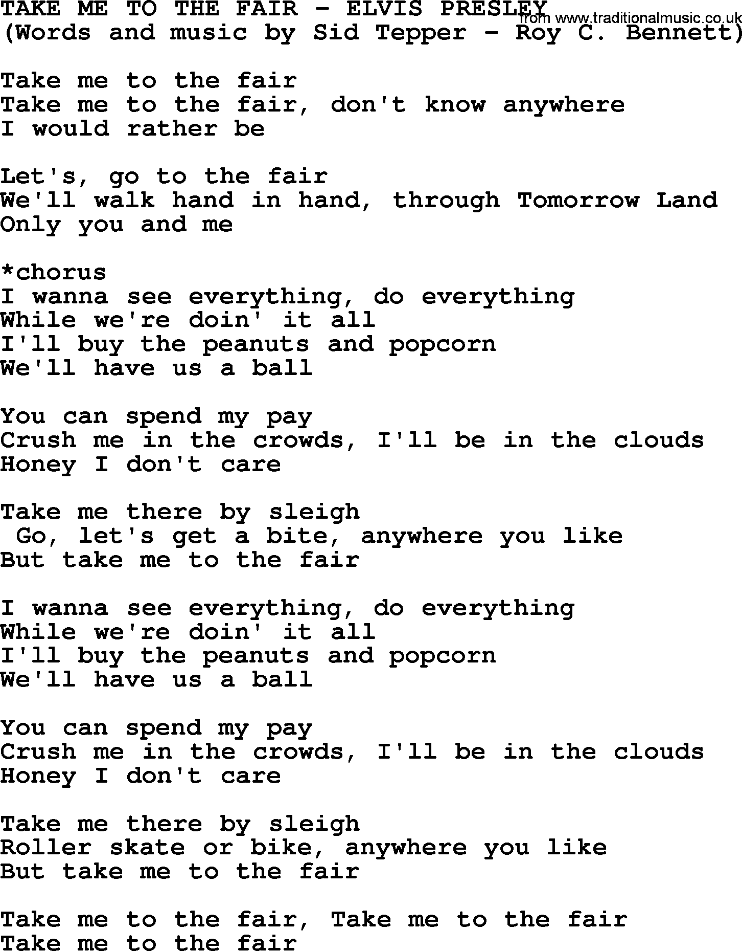 Elvis Presley song: Take Me To The Fair lyrics