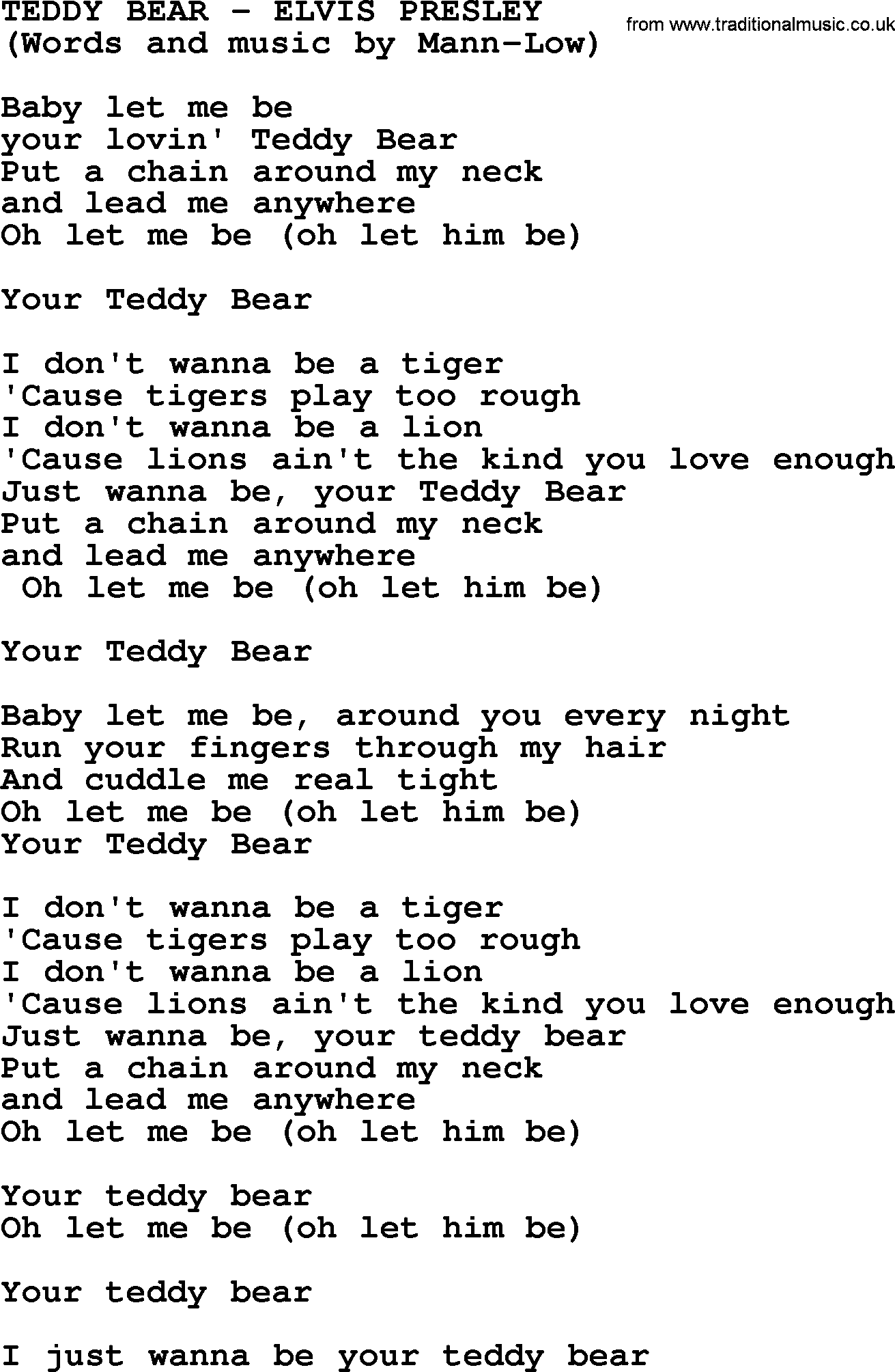 Elvis Presley song: Teddy Bear lyrics