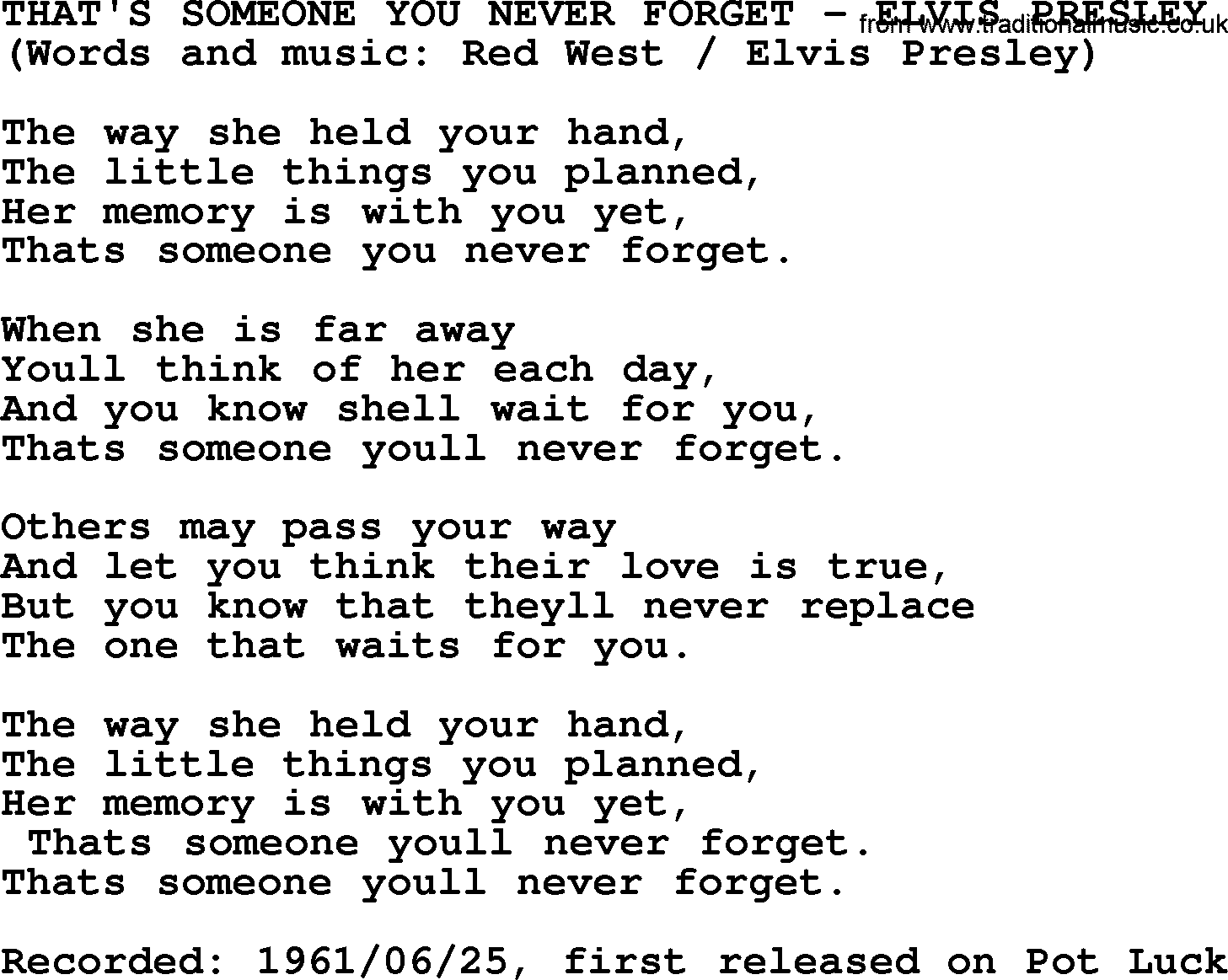 Elvis Presley song: That's Someone You Never Forget lyrics