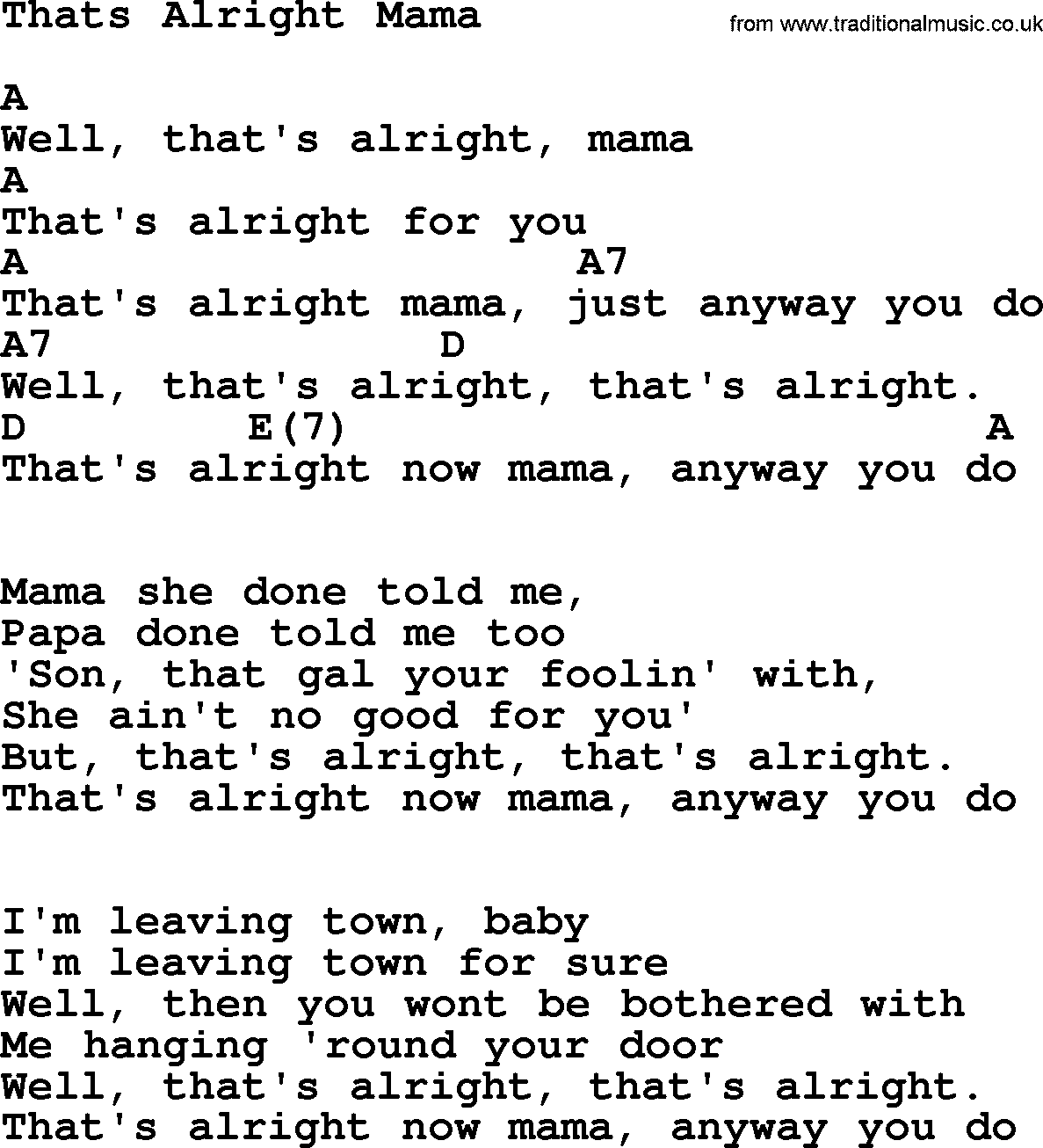 Elvis Presley song: Thats Alright Mama, lyrics and chords