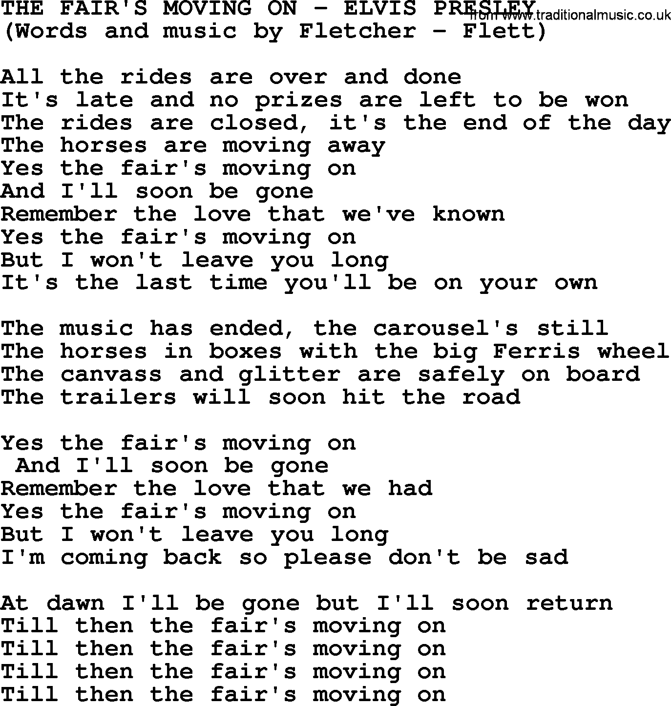Elvis Presley song: The Fair's Moving On lyrics