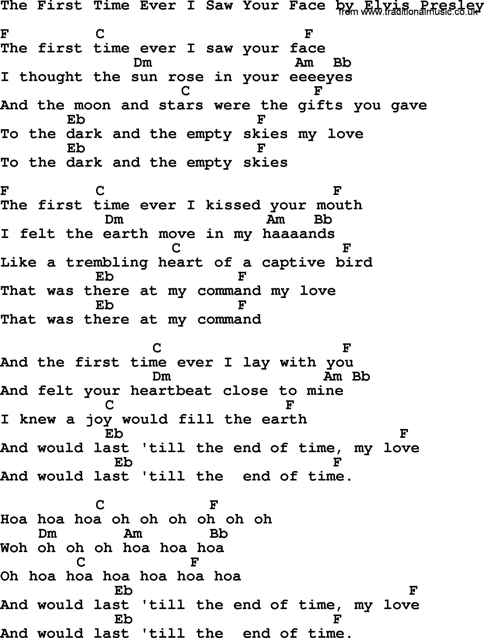 Elvis Presley song: The First Time Ever I Saw Your Face, lyrics and chords