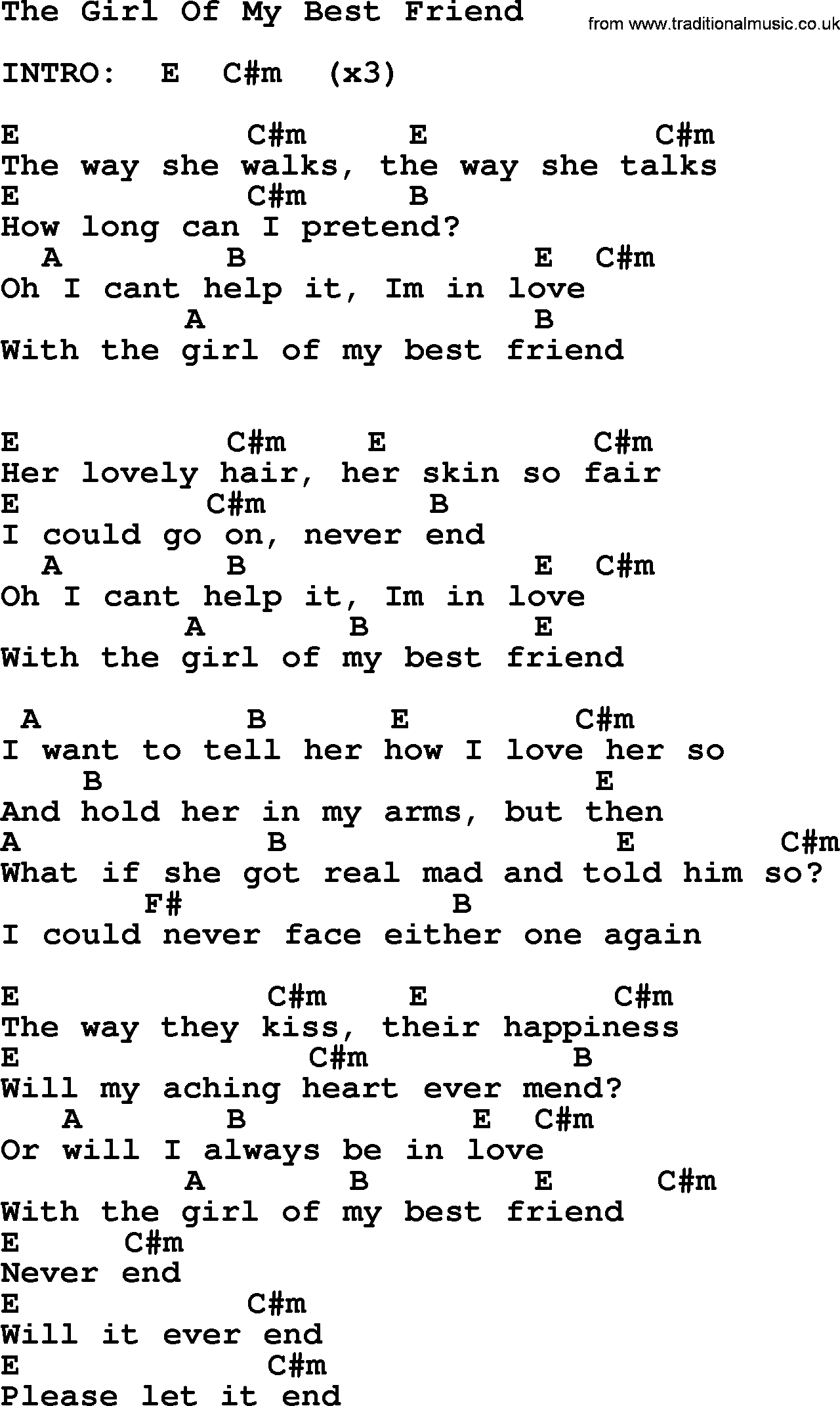 Elvis Presley song: The Girl Of My Best Friend, lyrics and chords