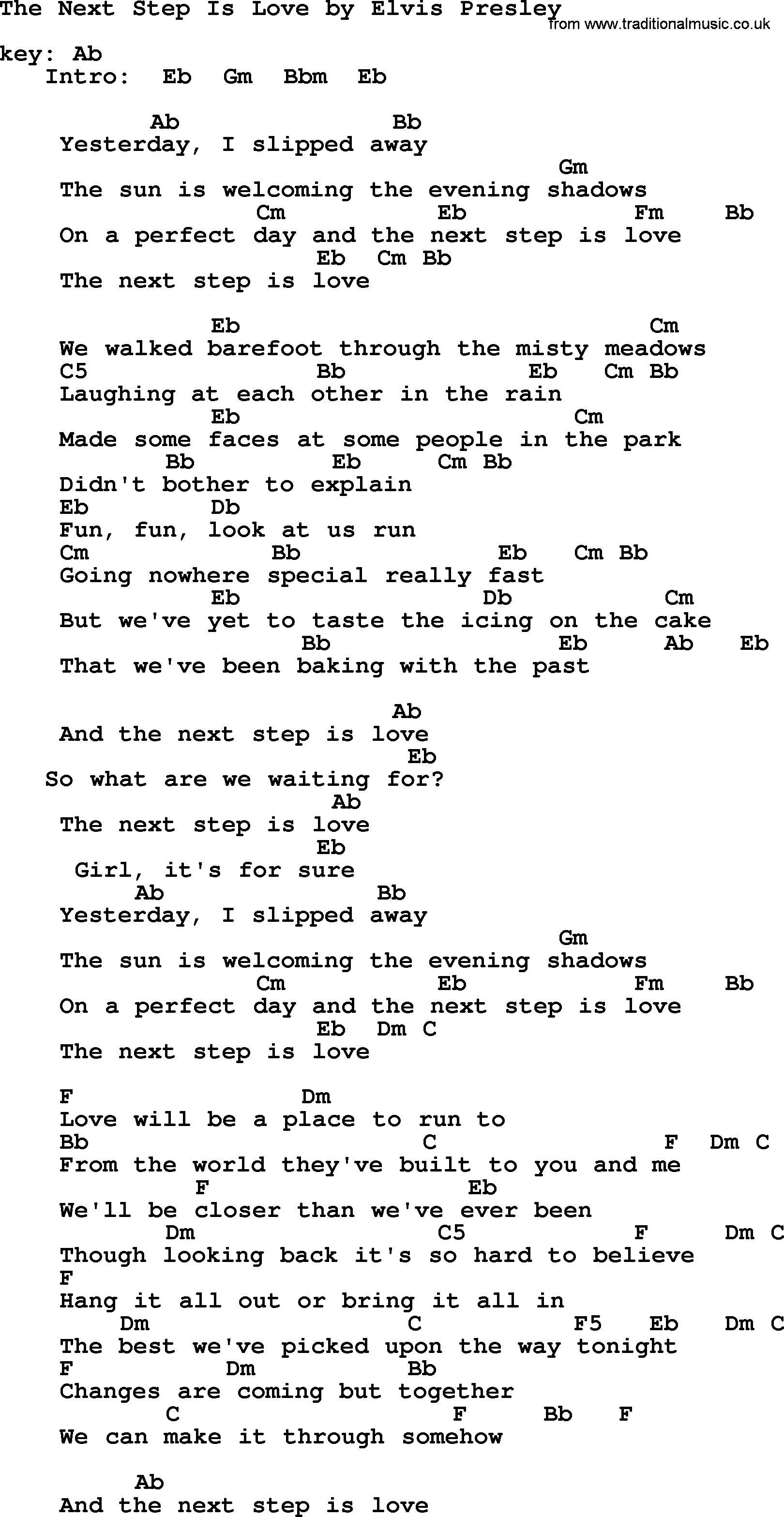 Elvis Presley song: The Next Step Is Love, lyrics and chords