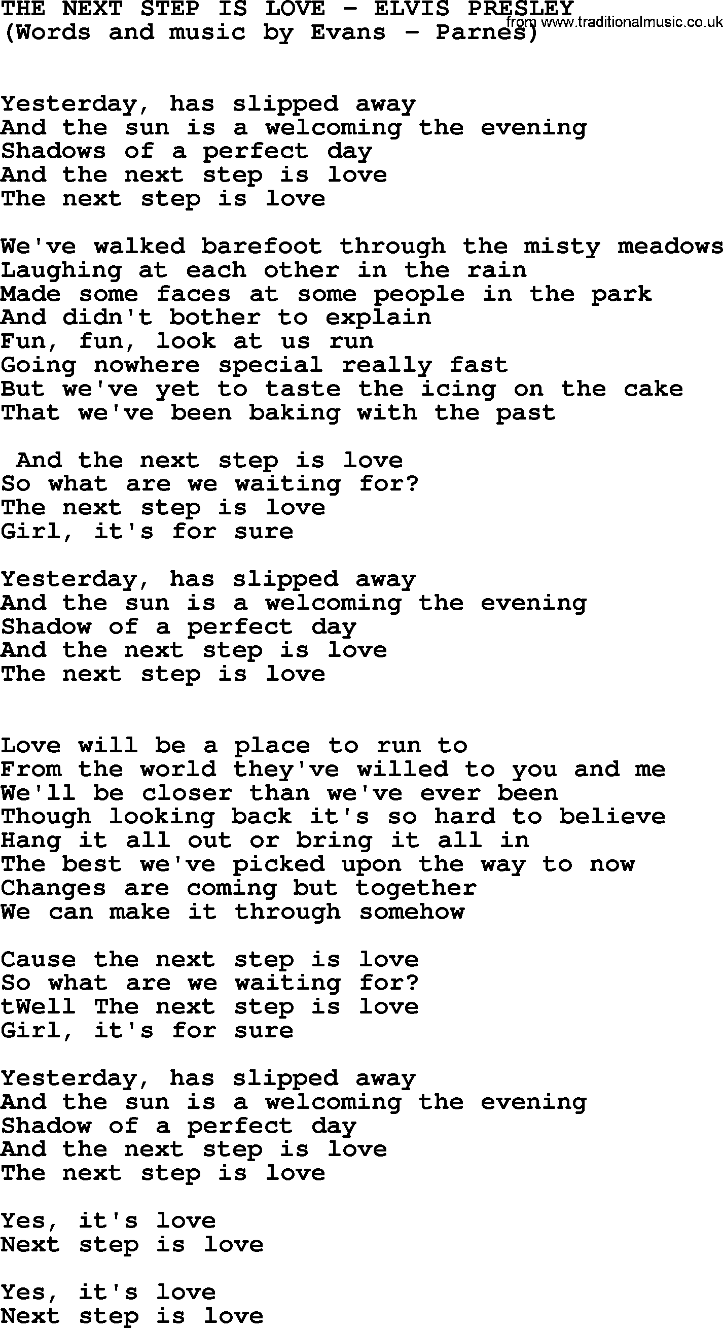 Elvis Presley song: The Next Step Is Love lyrics