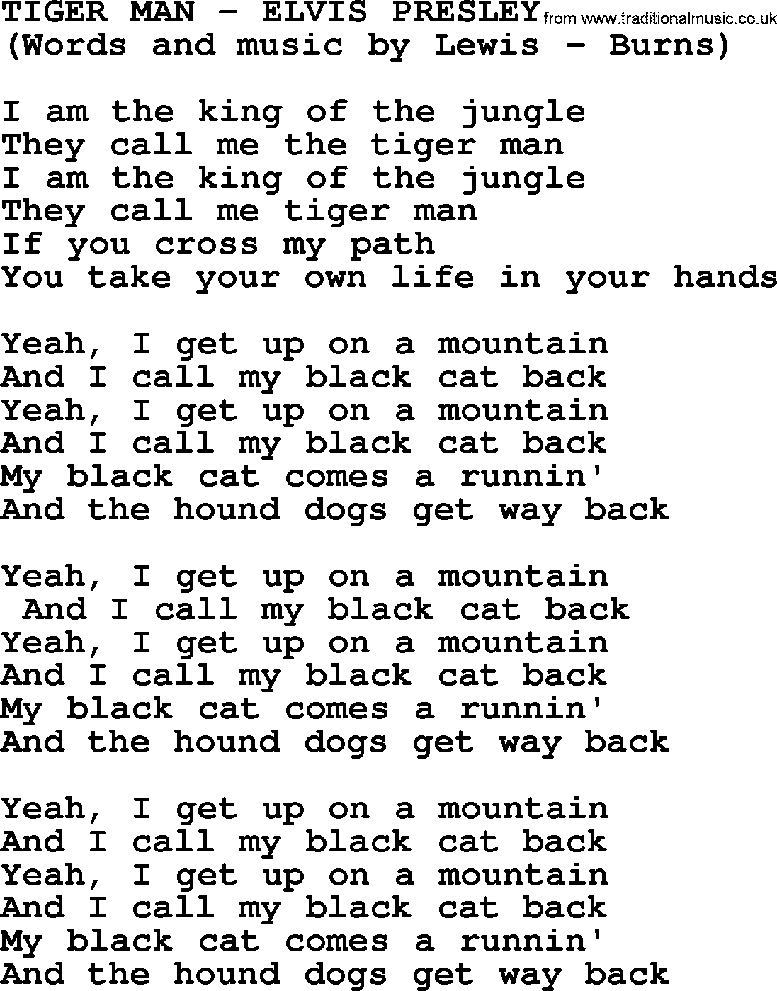 Elvis Presley song: Tiger Man lyrics