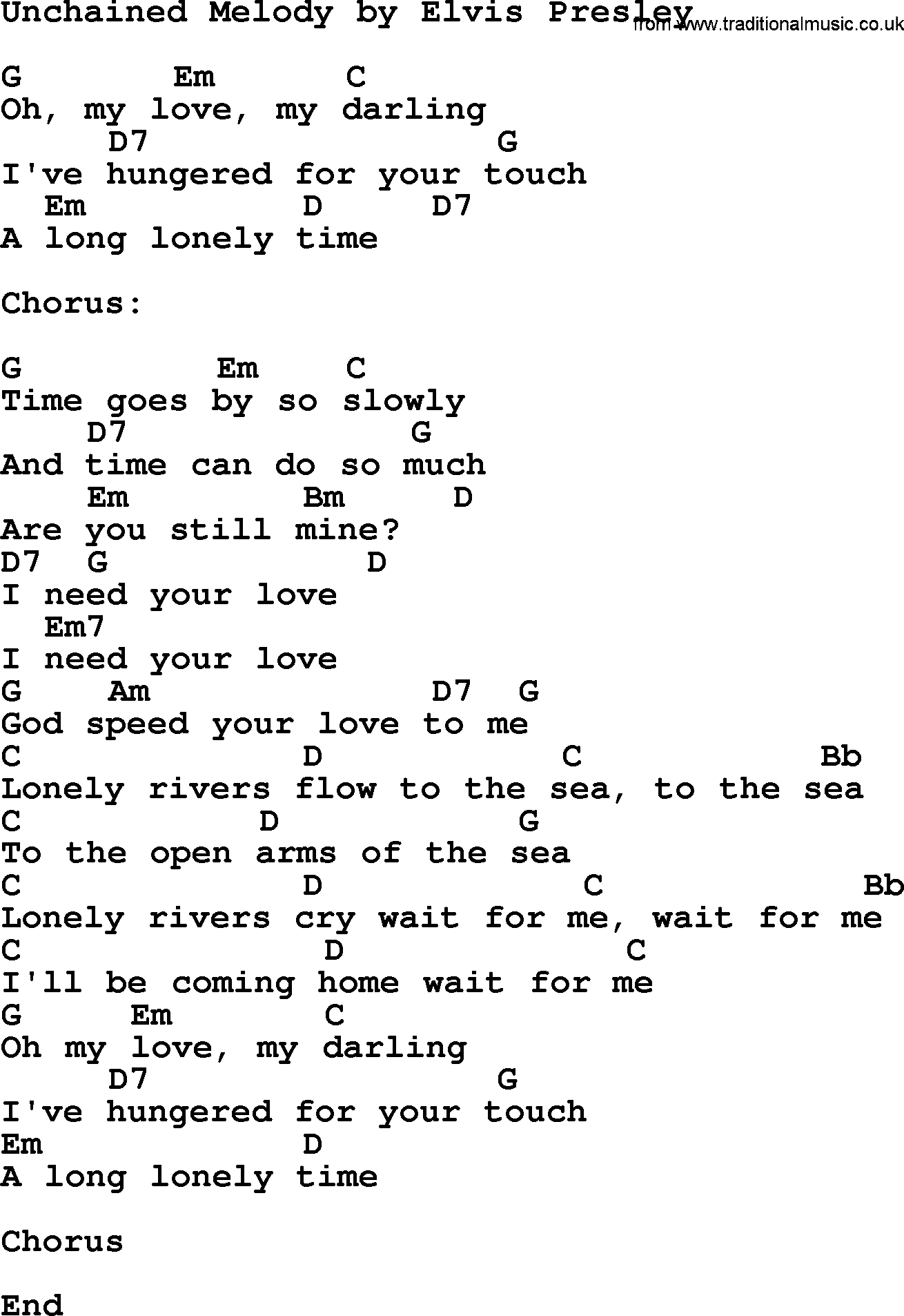 Elvis Presley song: Unchained Melody, lyrics and chords
