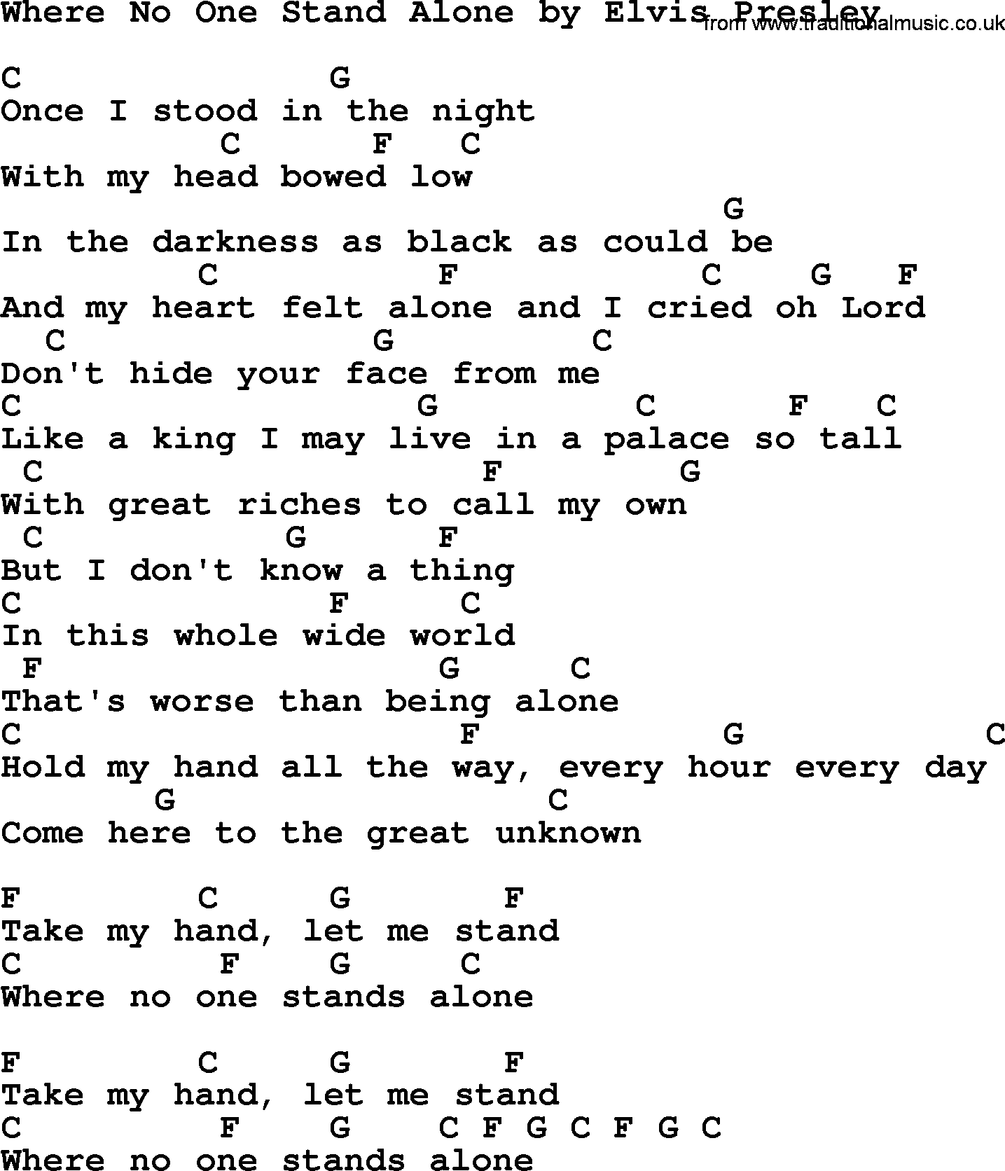 Elvis Presley song: Where No One Stand Alone, lyrics and chords