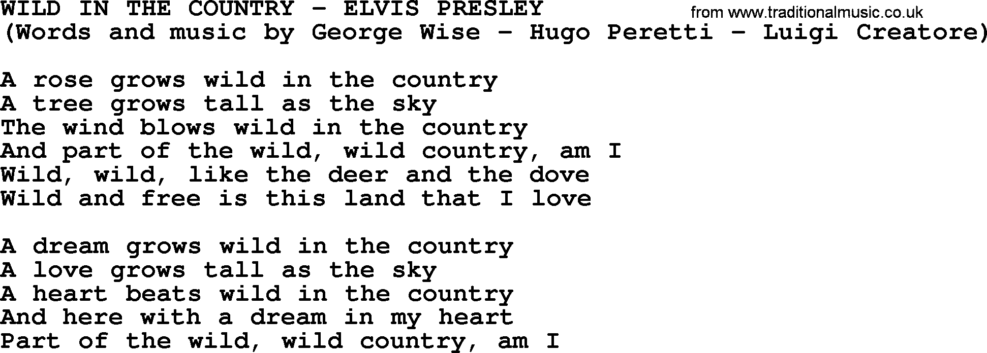 Elvis Presley song: Wild In The Country lyrics
