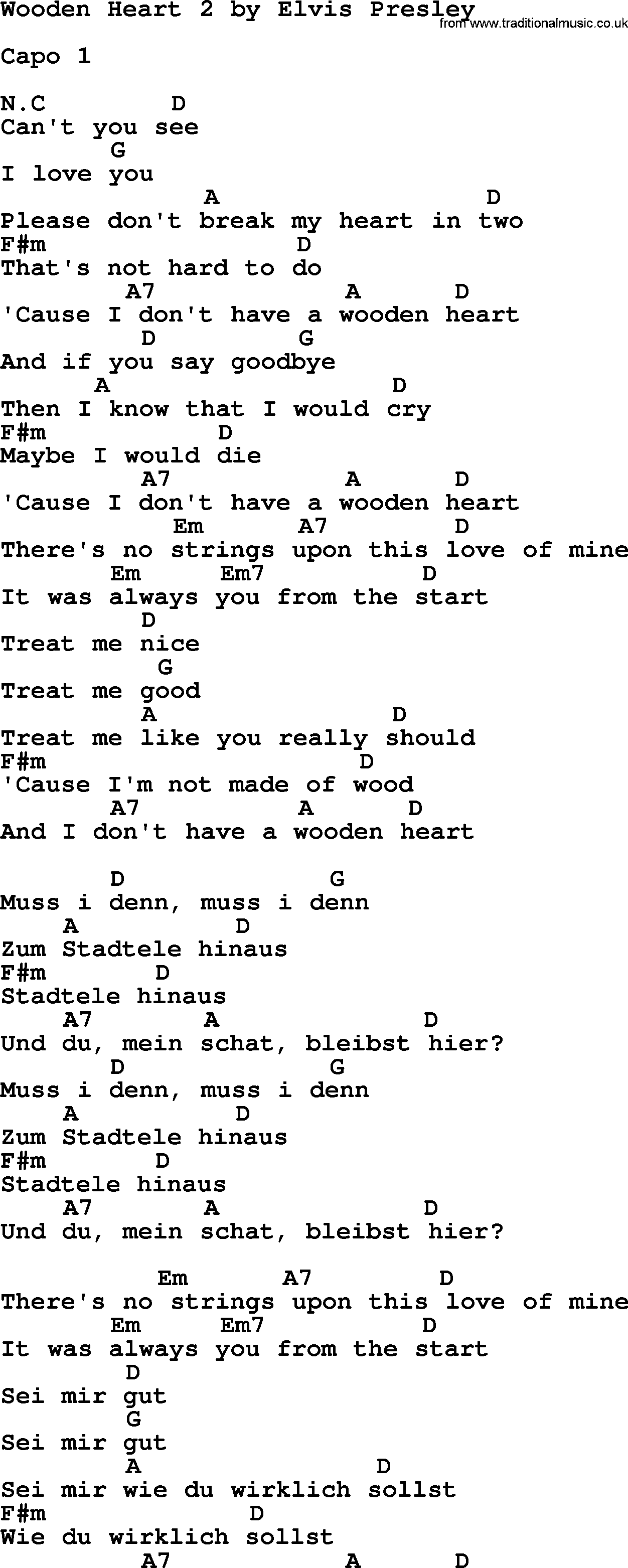 Elvis Presley song: Wooden Heart 2, lyrics and chords