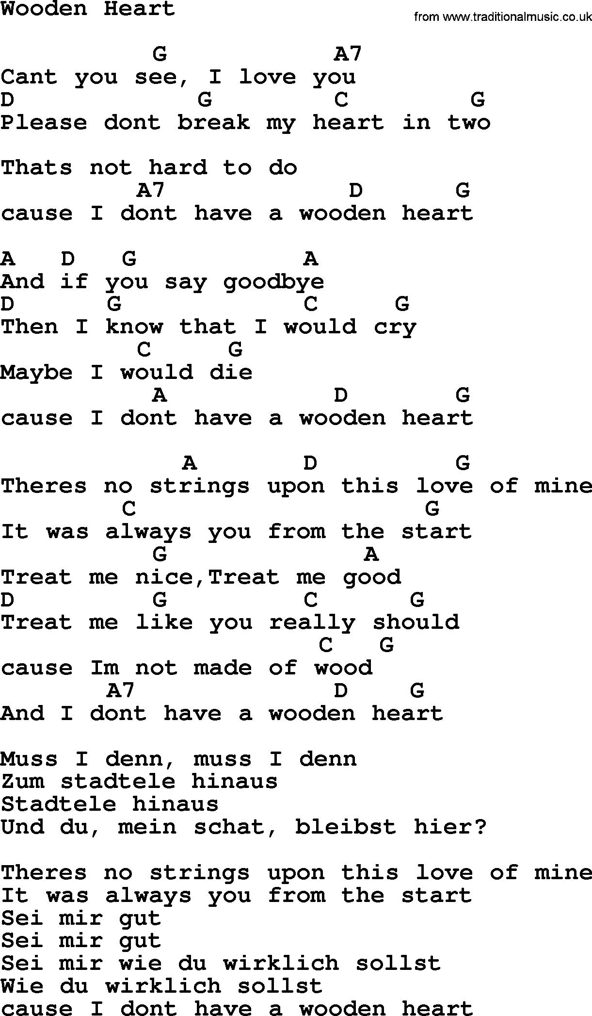 Elvis Presley song: Wooden Heart, lyrics and chords
