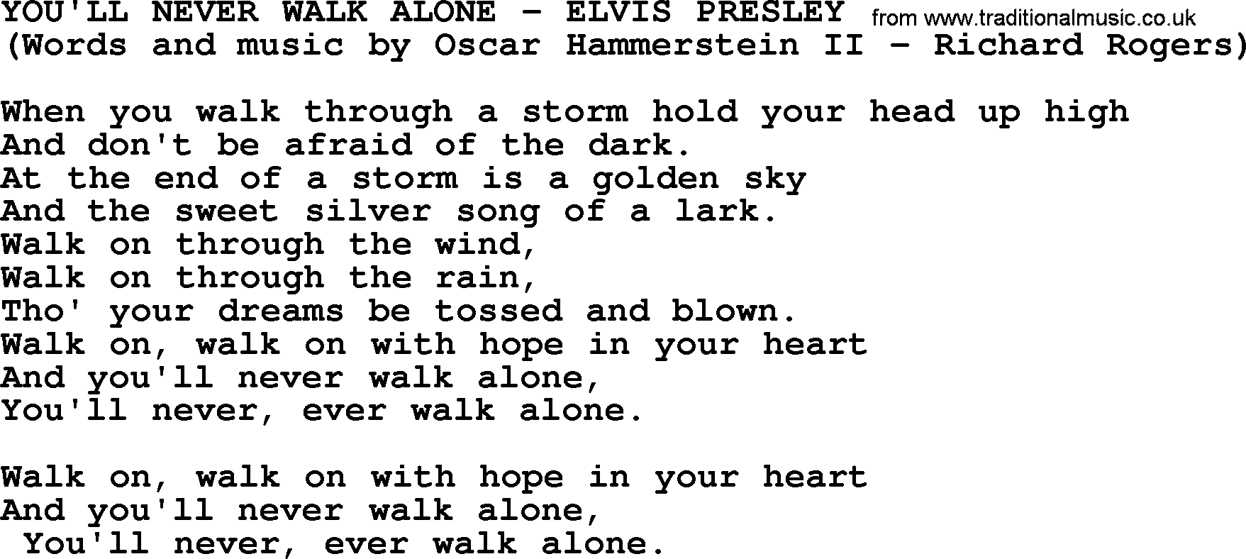 Elvis Presley song: You'll Never Walk Alone lyrics