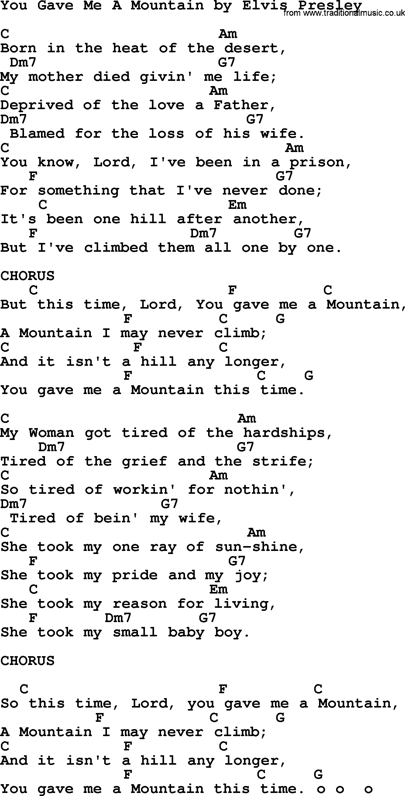 Elvis Presley song: You Gave Me A Mountain, lyrics and chords