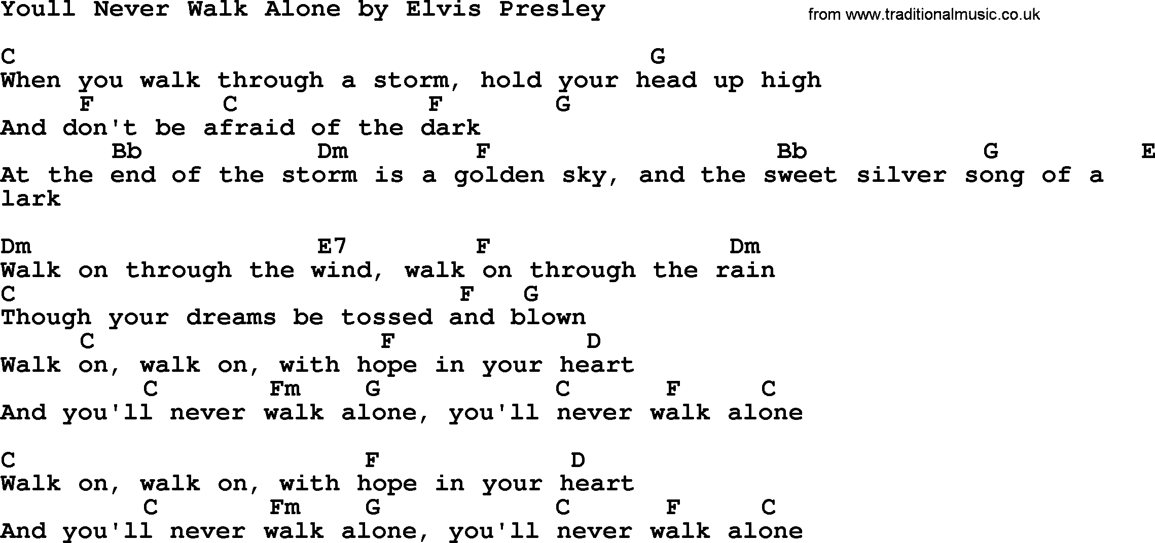 Elvis Presley song: Youll Never Walk Alone, lyrics and chords