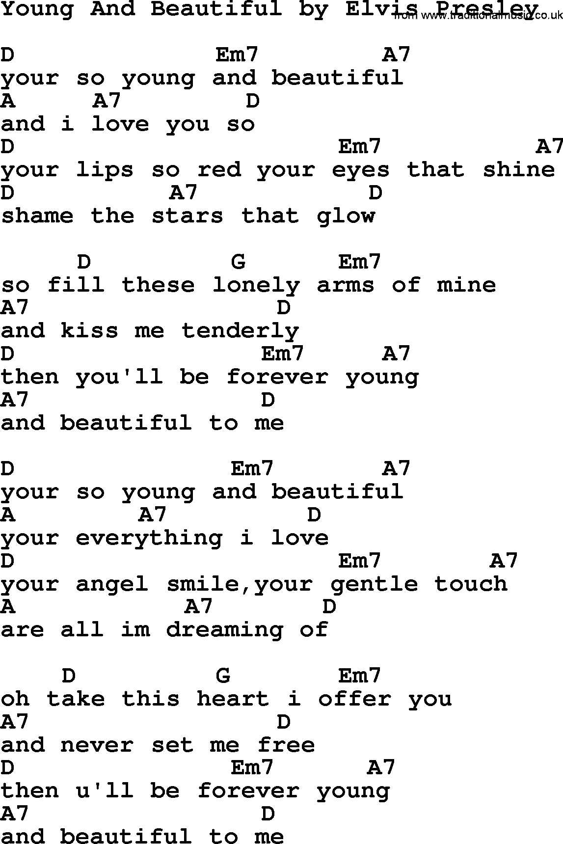 Elvis Presley song: Young And Beautiful, lyrics and chords