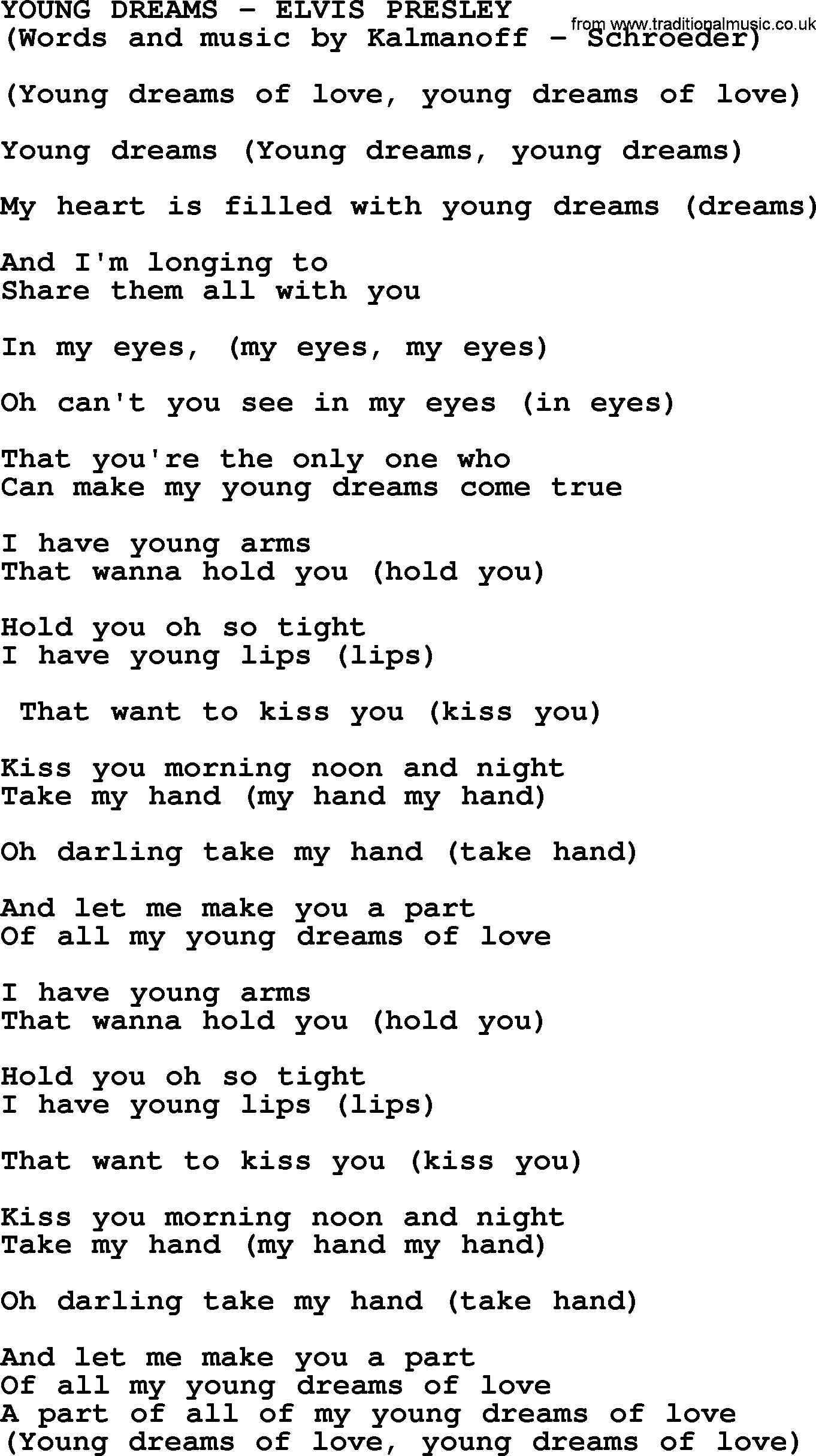 Elvis Presley song: Young Dreams lyrics