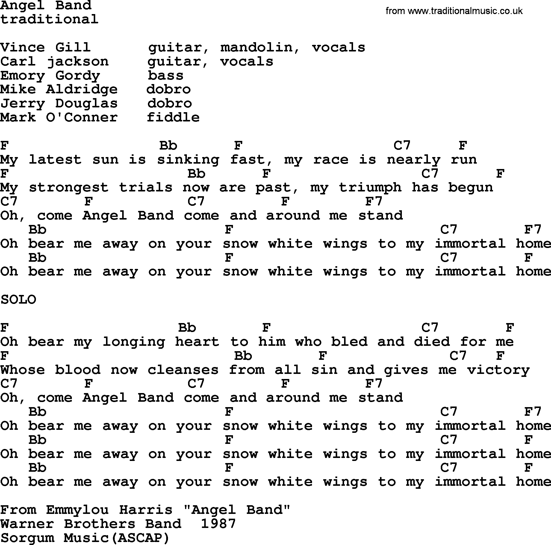 Emmylou Harris song: Angel Band lyrics and chords