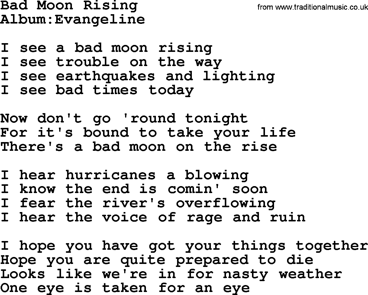 Emmylou Harris song: Bad Moon Rising lyrics