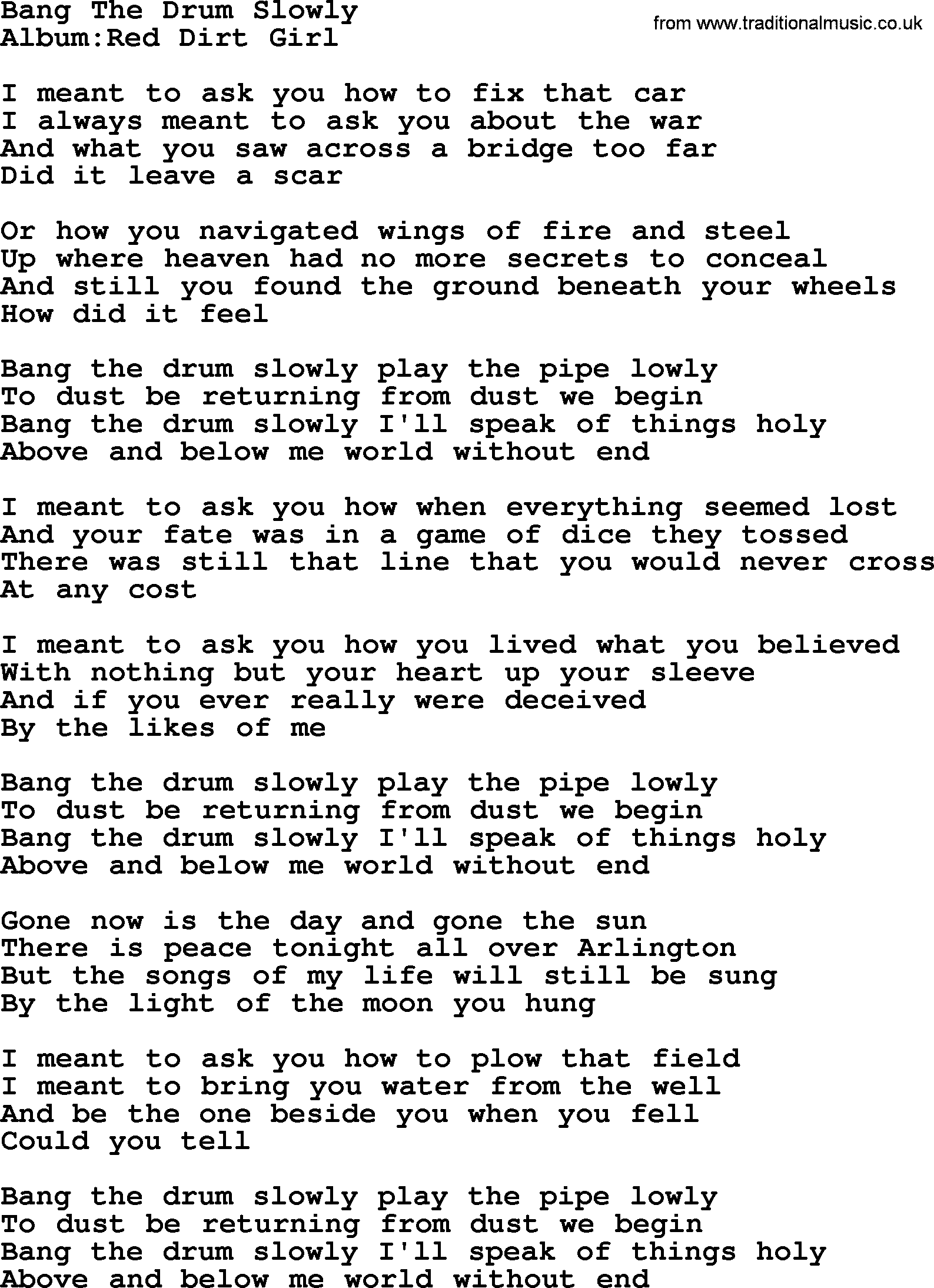 Emmylou Harris song: Bang The Drum Slowly lyrics