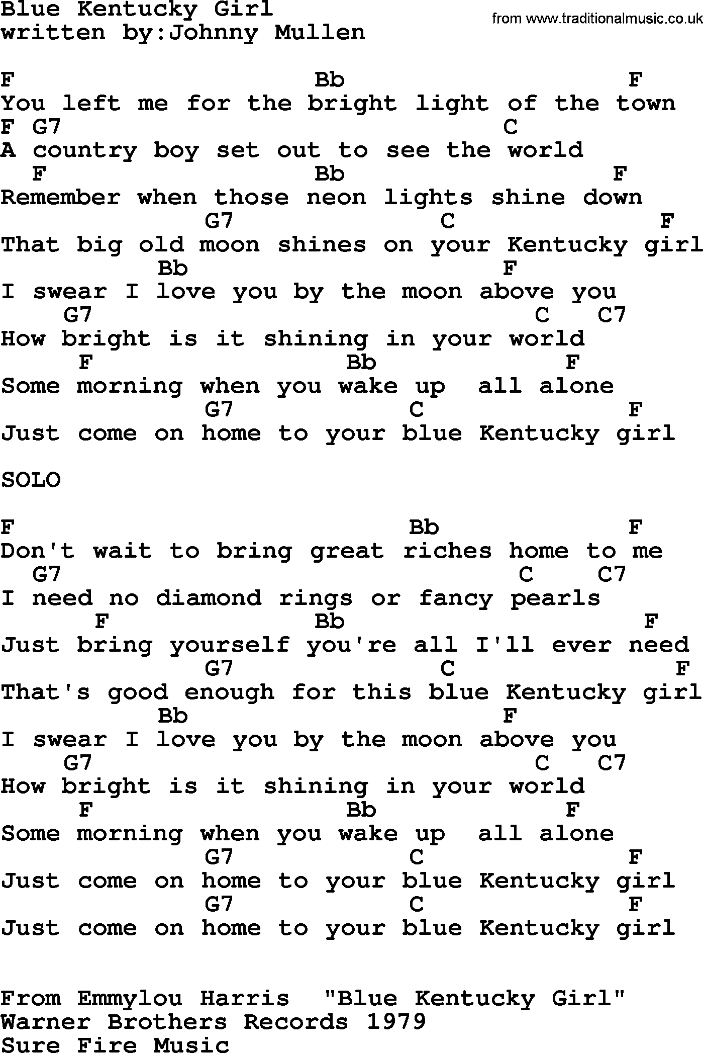 Emmylou Harris song: Blue Kentucky Girl lyrics and chords