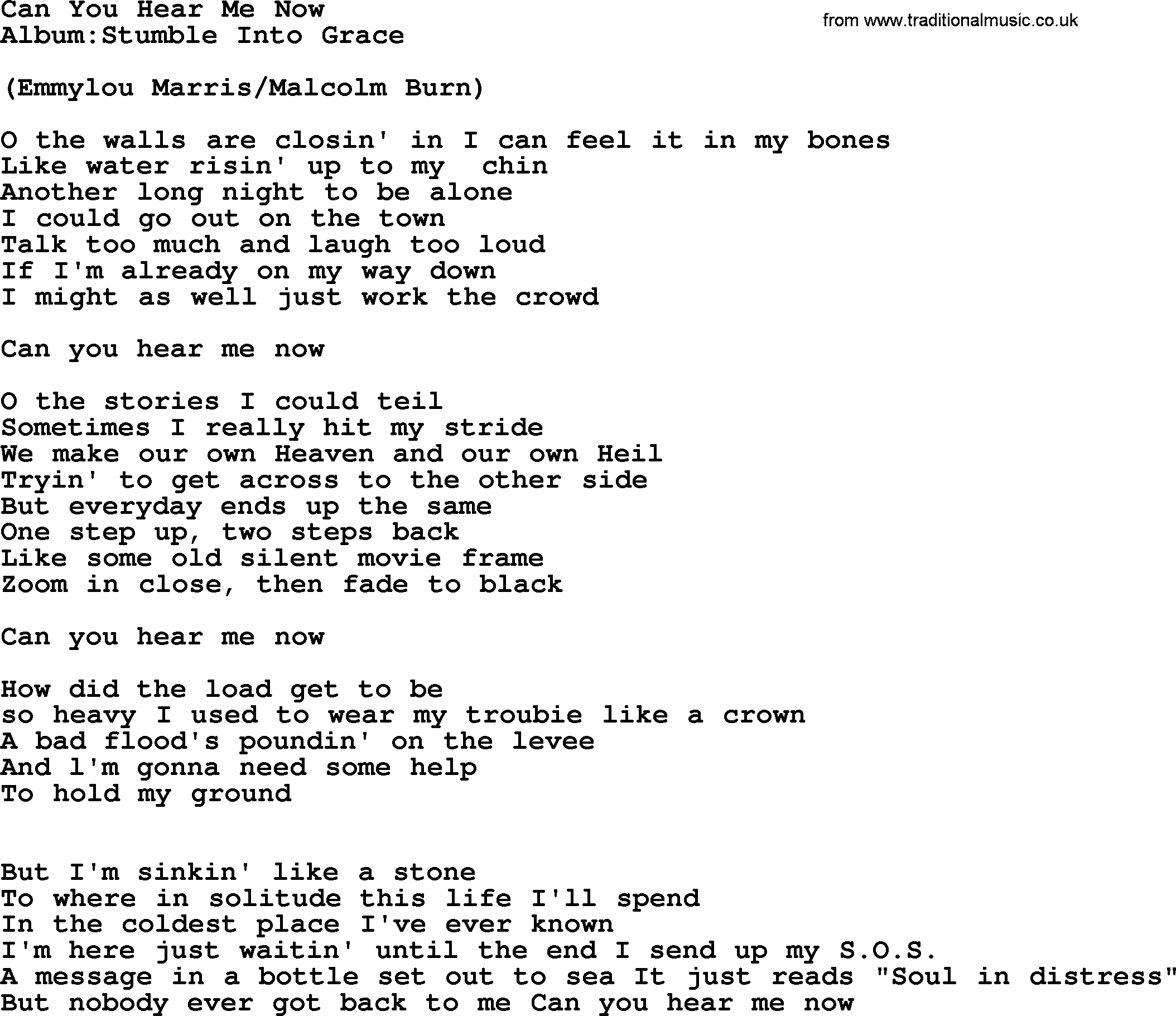 Emmylou Harris song: Can You Hear Me Now lyrics