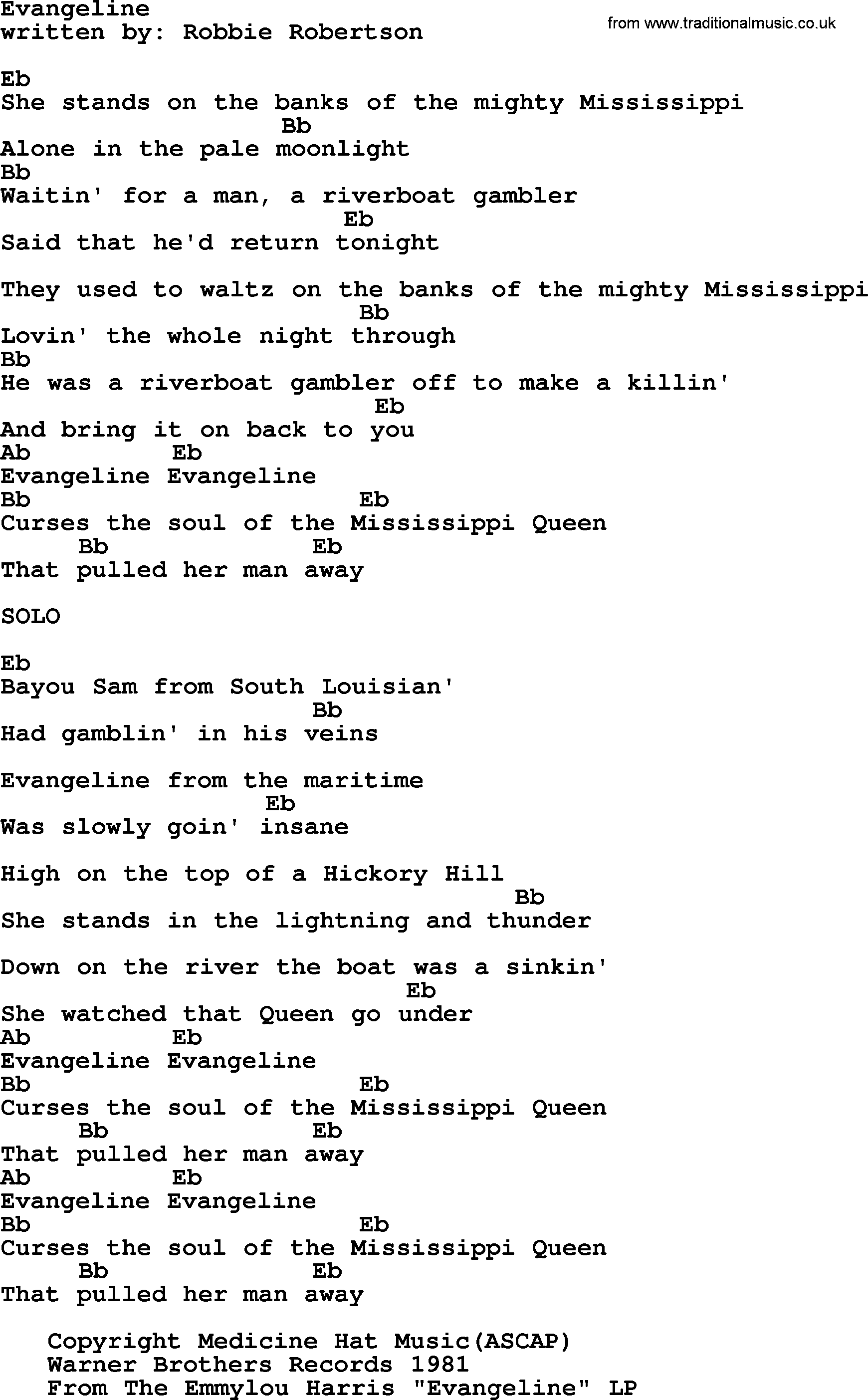 Emmylou Harris song: Evangeline lyrics and chords