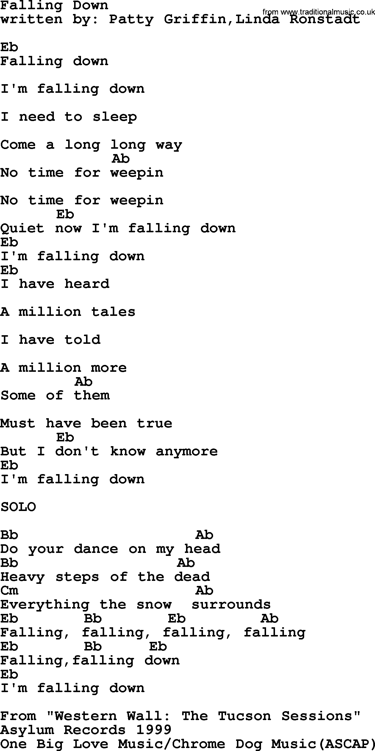Emmylou Harris song: Falling Down lyrics and chords